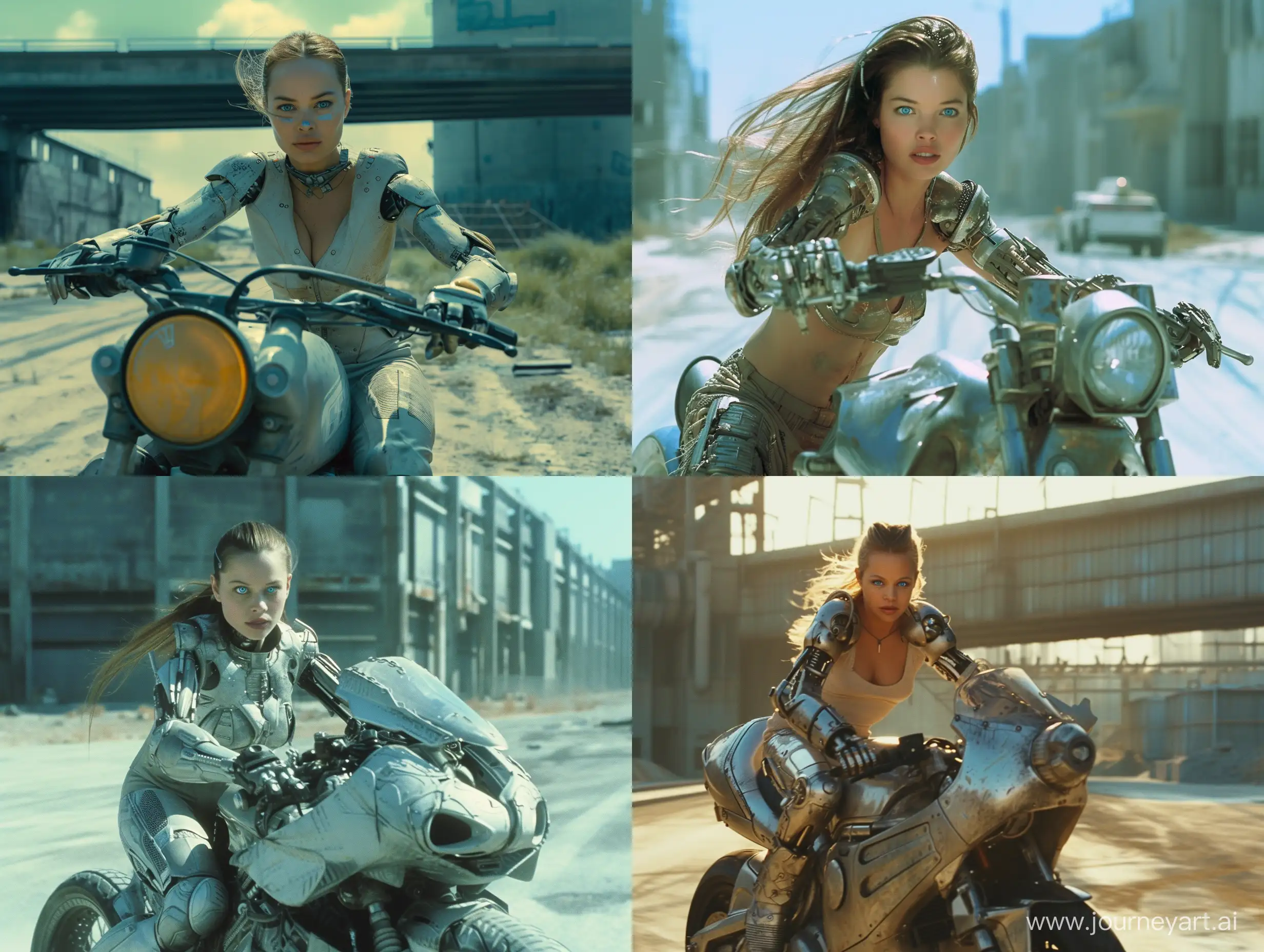 Nostalgic-Cyborg-Woman-Riding-Motorcycle-in-Dystopian-Open-Landscape
