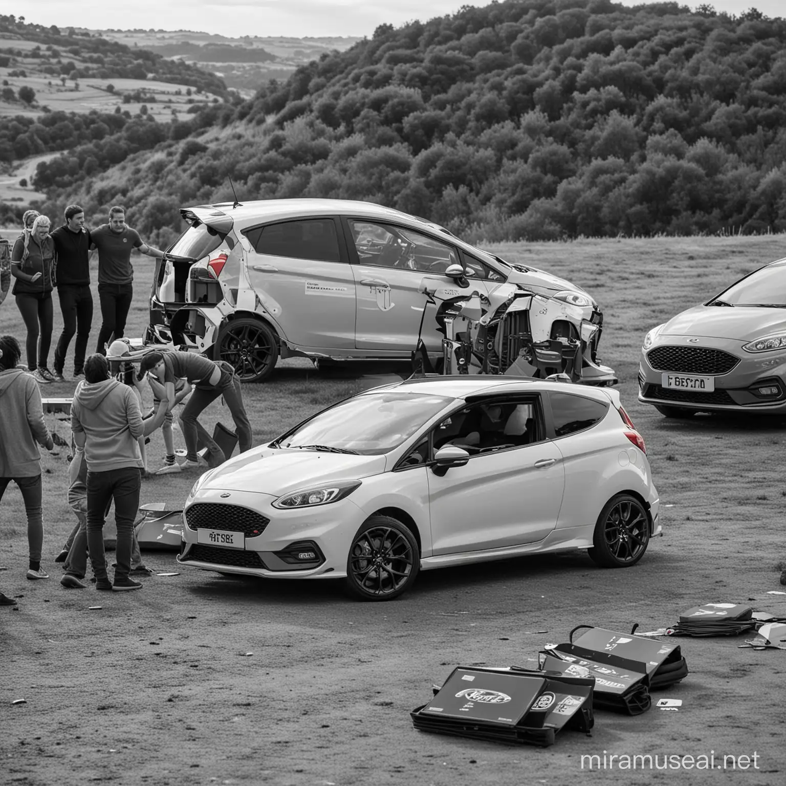 The image features a group of people posing for a photo outdoors. The picture is in black and white.Ford Fiesta ST The image shows a car parked on a background. It features a variety of tags related to land vehicles, car parts, and specific car models such as Fiat, Citroen, and Nissan.