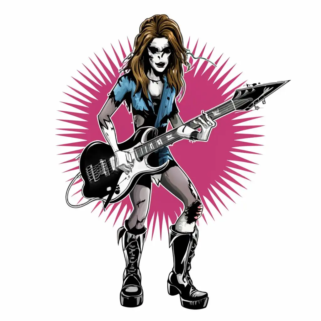 logo, logo, t-shirt vector zombie guitarist girl, electric guitar, 80s style clothing, boots, long hair, rockin out at a concert, dark art, rim light, ultra detail, marvel comic illustration, pen and ink painting marvel style theme white background, Contour, Vector, white background, no words, ultra Detailed, ultra sharp narrow outlined image, no jagged edges, vibrant neon colors, typography,, with the text ".", typography