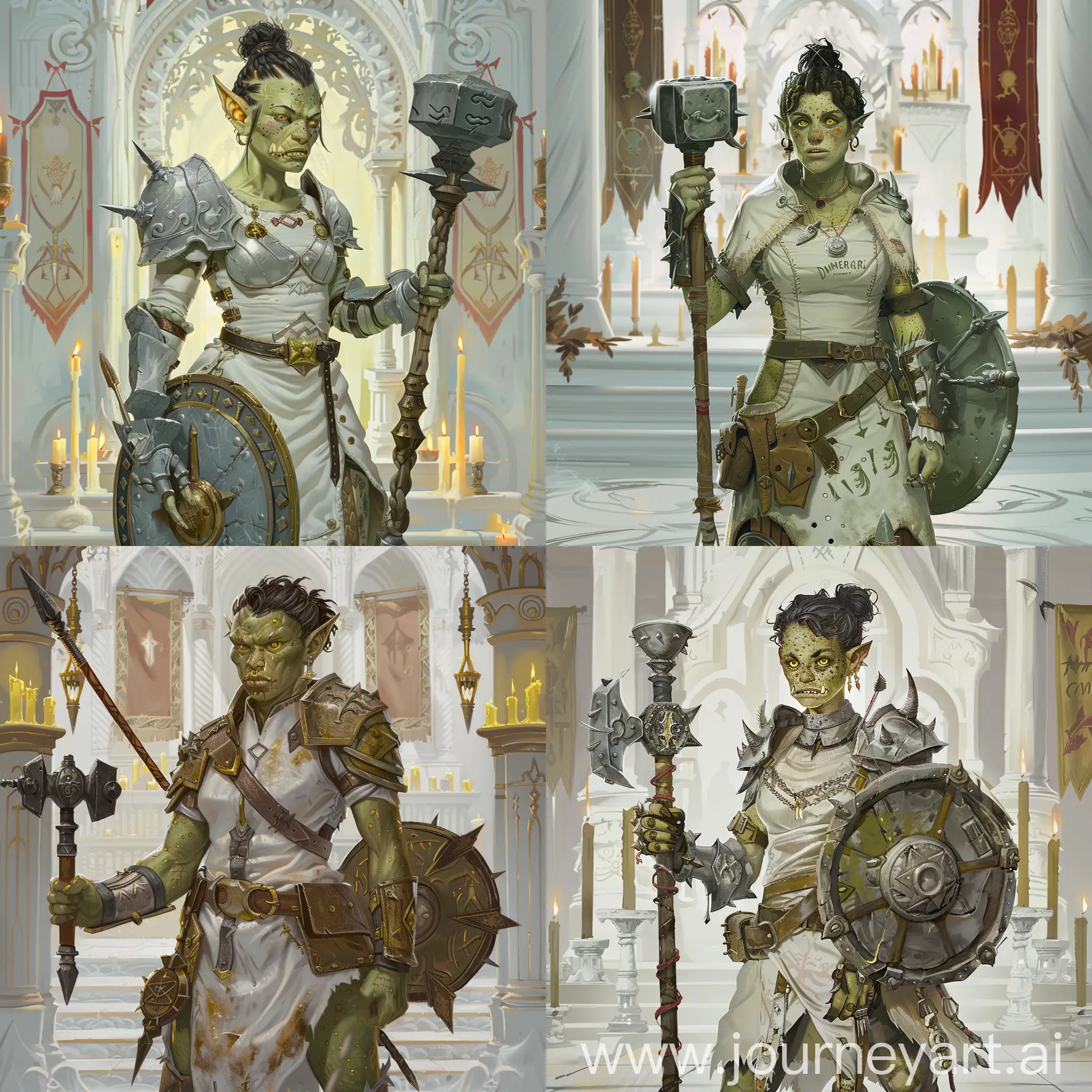 Draw a character from the Dungeons and Dragons universe according to the following description: she is female orc priest, dressed in light medieval warrior clothes. She has a mace and a shield. She has green skin with freckles, yellow eyes, short black hair with little braid. Sharp fangs are visible from under the lower lip. White temple, candles and tapestries on background