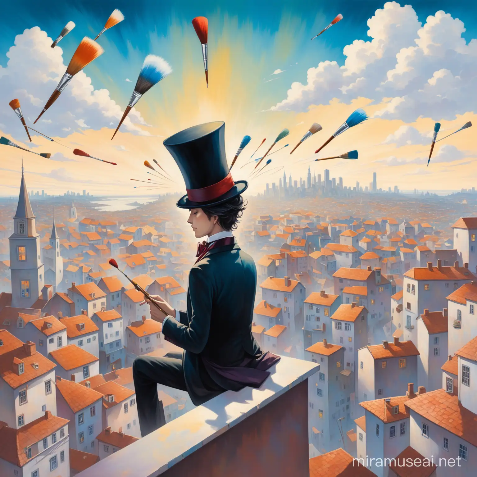 profile picture - surreal painting closeup of an artist with a top hat flying over a city with paintbrushes floating around. 