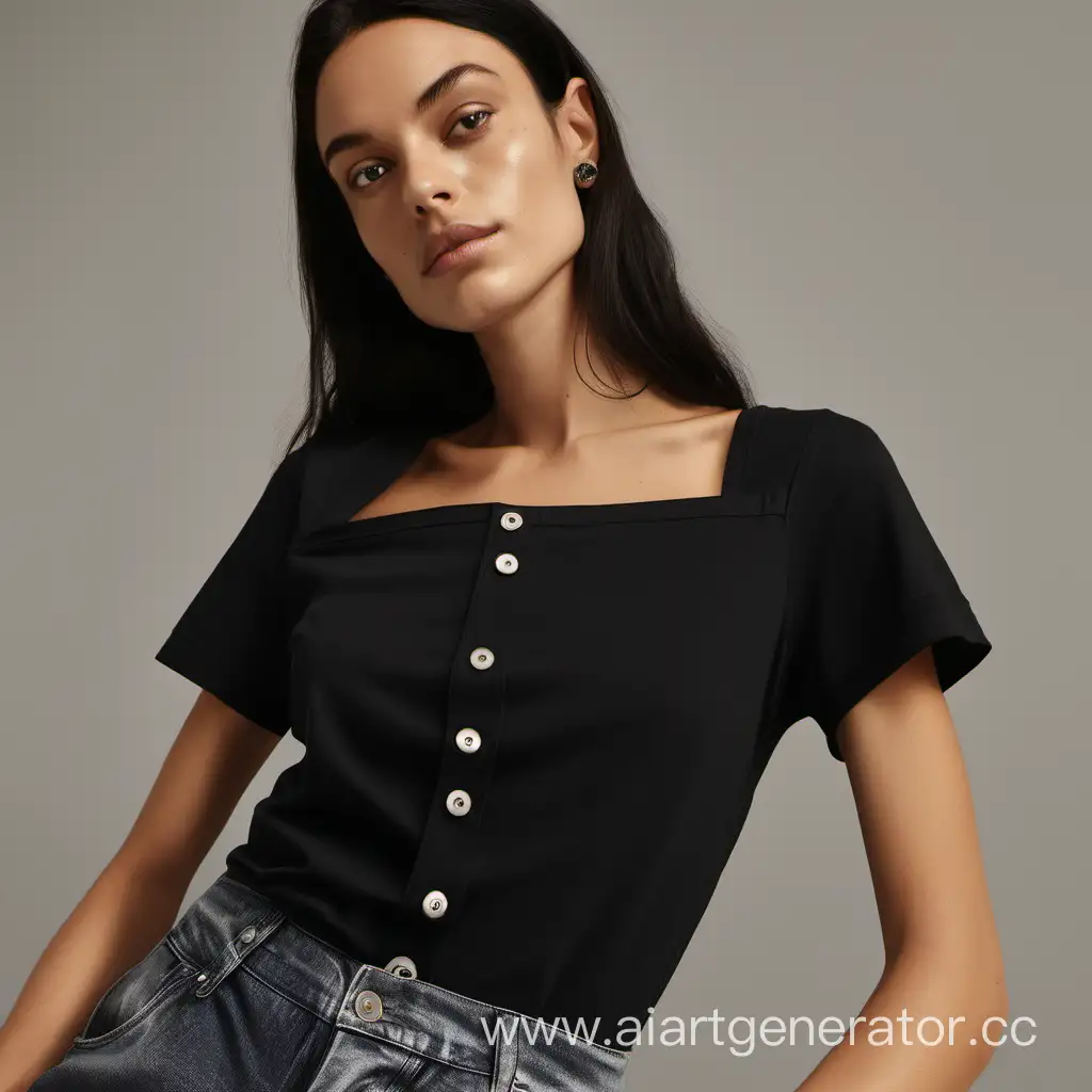 blach tshirt with square neck but button down 