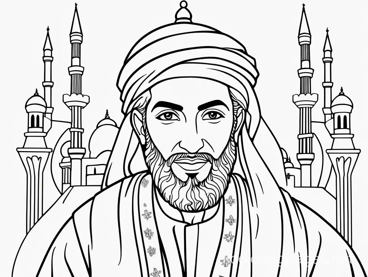 Prophet Muhammad, Coloring Page, black and white, line art, white background, Simplicity, Ample White Space. The background of the coloring page is plain white to make it easy for young children to color within the lines. The outlines of all the subjects are easy to distinguish, making it simple for kids to color without too much difficulty