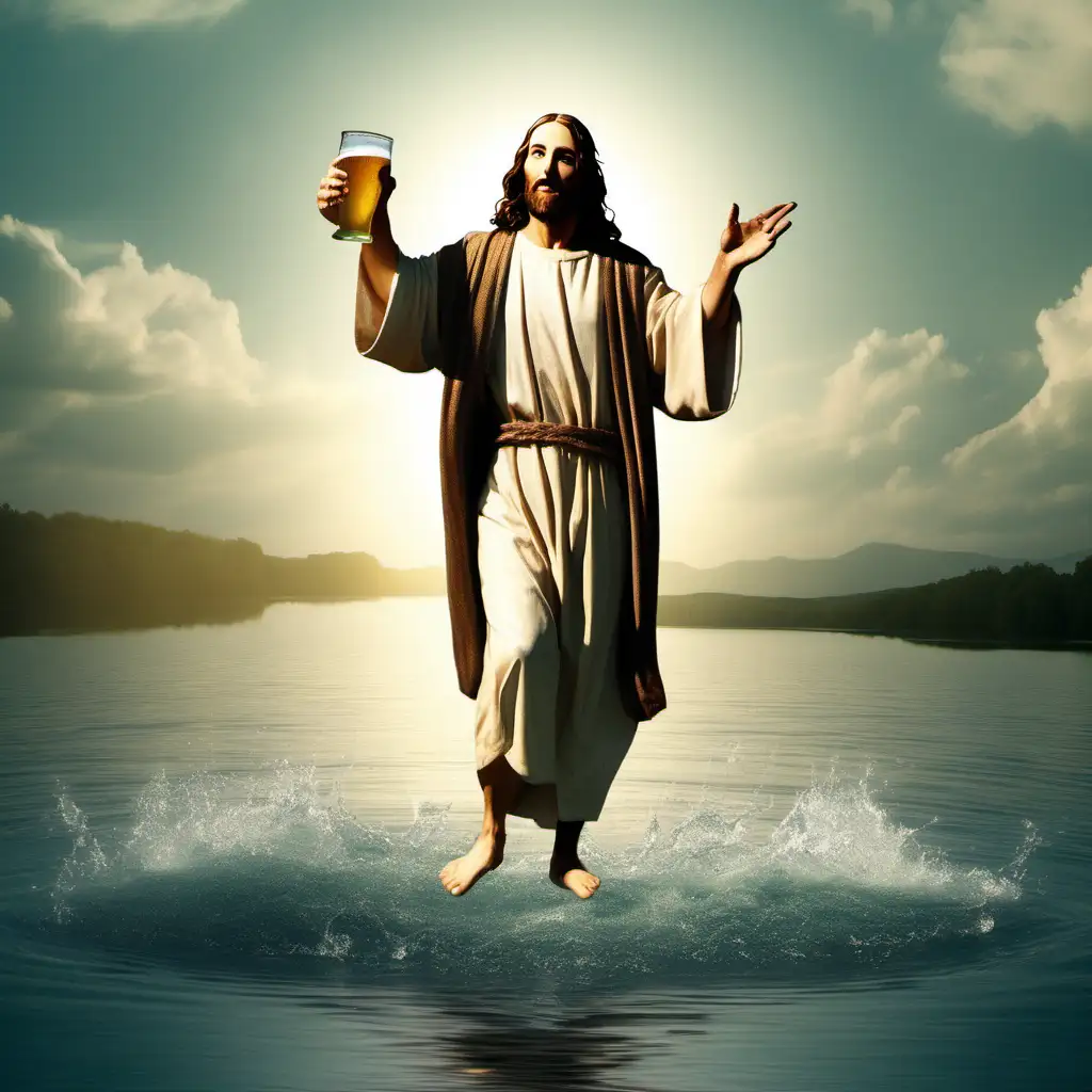 create an image of jesus drinking a beer while walking on water