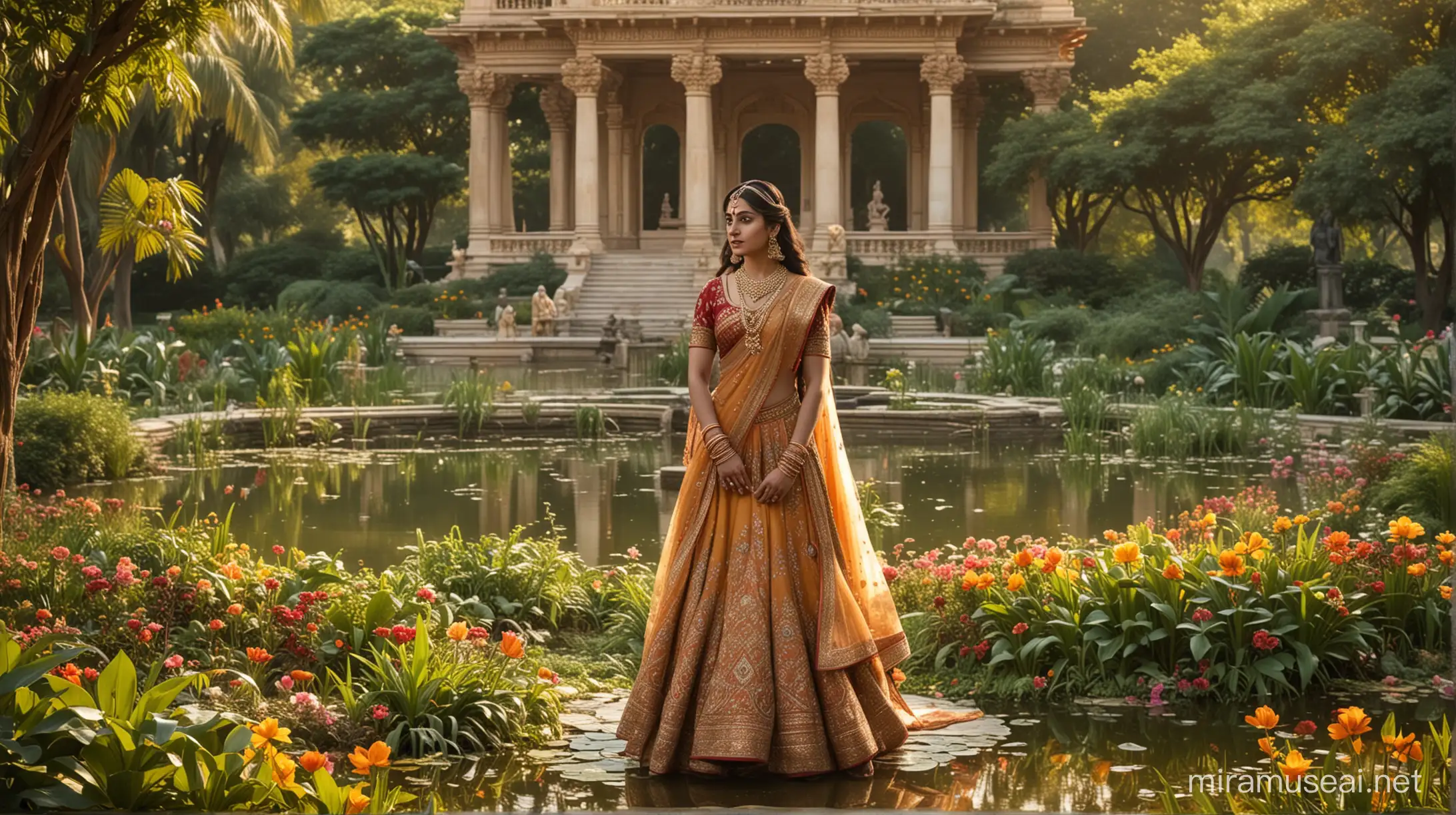 A breathtakingly realistic scene featuring Lord Krishna and Princess Draupadi in a lush, vibrant garden. The princess is resplendent in her intricate attire adorned with gold and gemstones, her elegance standing out against the rich, colorful foliage. The serene pond and majestic palace in the background add an air of royalty and grandeur. Despite the beauty of their surroundings, Krishna's somber expression betrays a sense of sadness and contemplation, creating a poignant and melancholic mood that contrasts with the visual splendor of the garden.