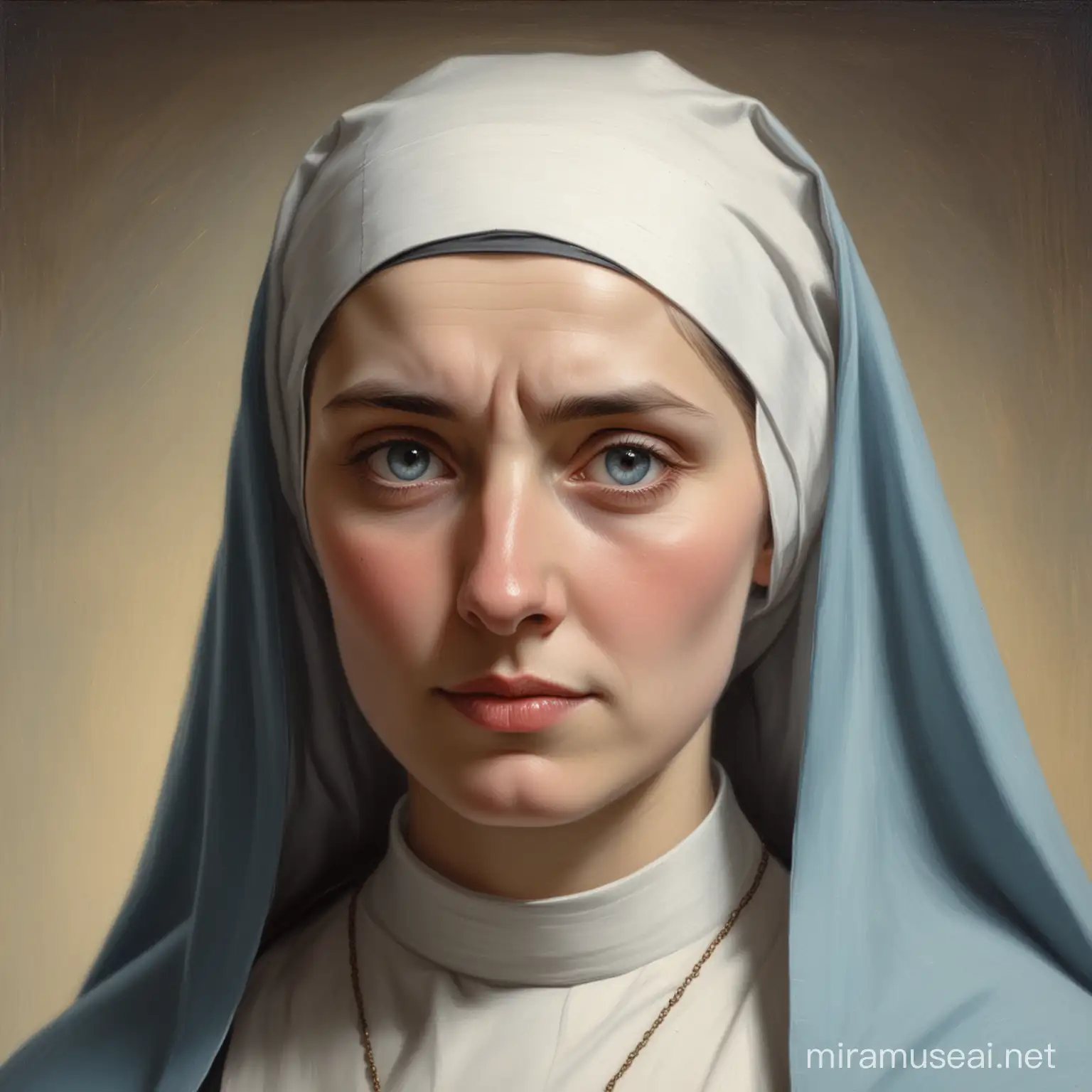 A  John Waterhouse oil painted portrait of a nun her eyes are blue her nose is short her face is round