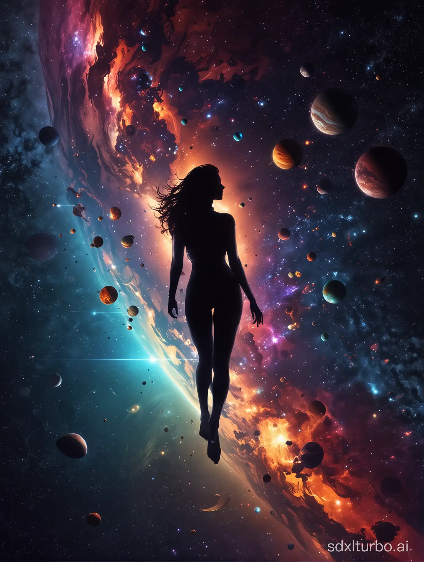 A group of planets that looks like a silhouette of a stunningly beautiful woman, full body, floating in space. The planet has many islands and oceans. Colorful, cosmic, beautiful , amazing, amazing digital art, mesmerising, happy
