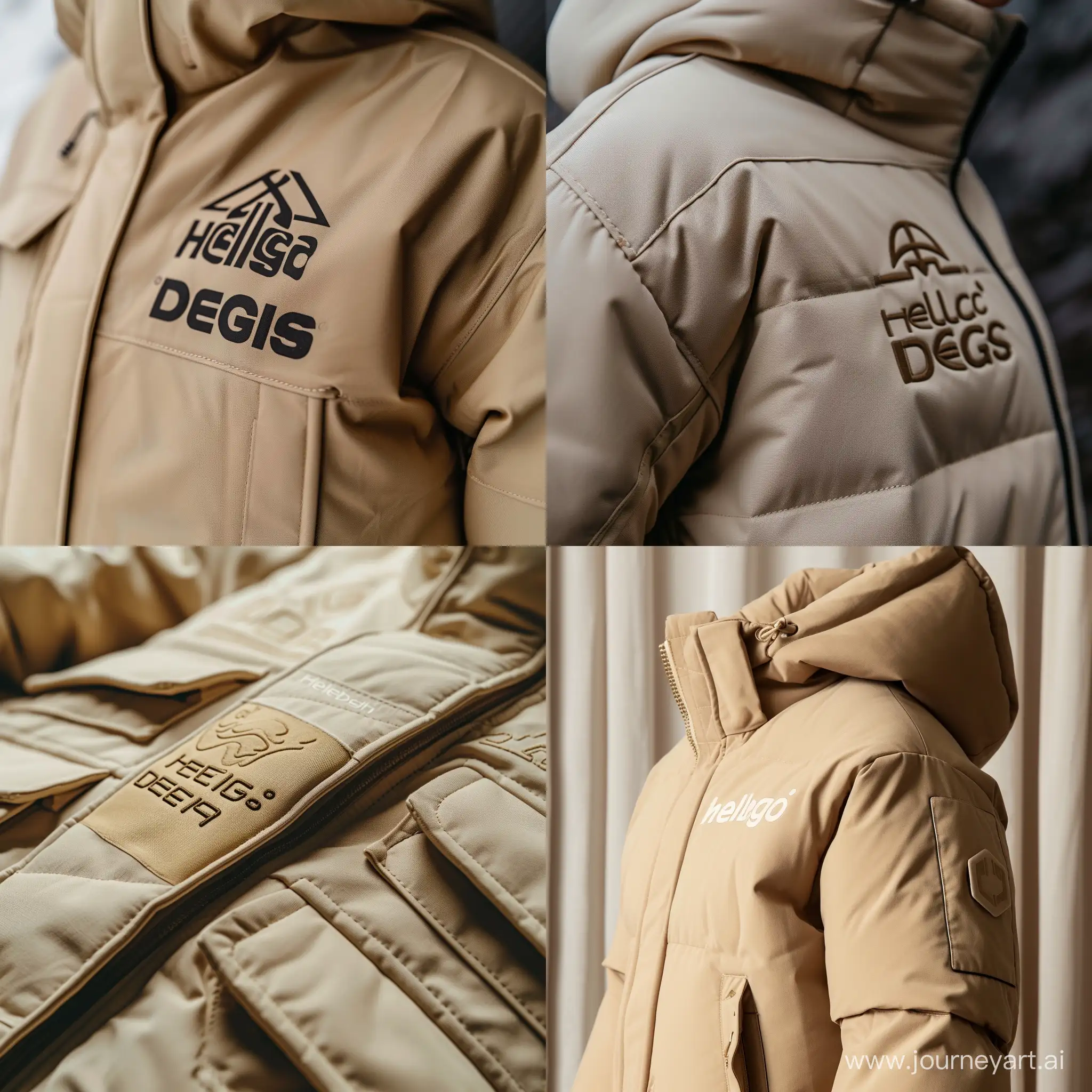 Make a beige winter jacket with a logo that says "Helgø Design"