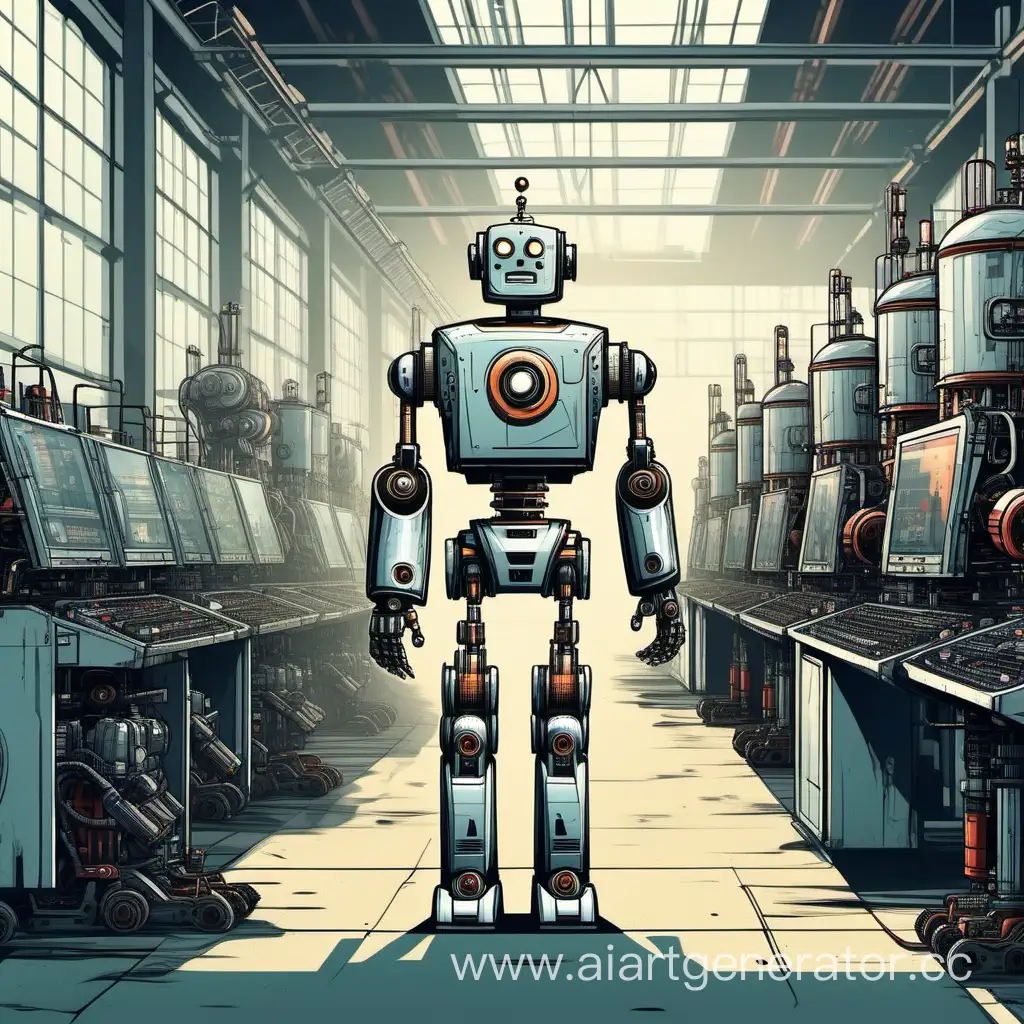Человекоподобный робот в стиле советских мультфильмов идет по заводу. Вид сбоку. Перед ним завод старый, позади - новый, современный, с мониторами, роботами.
