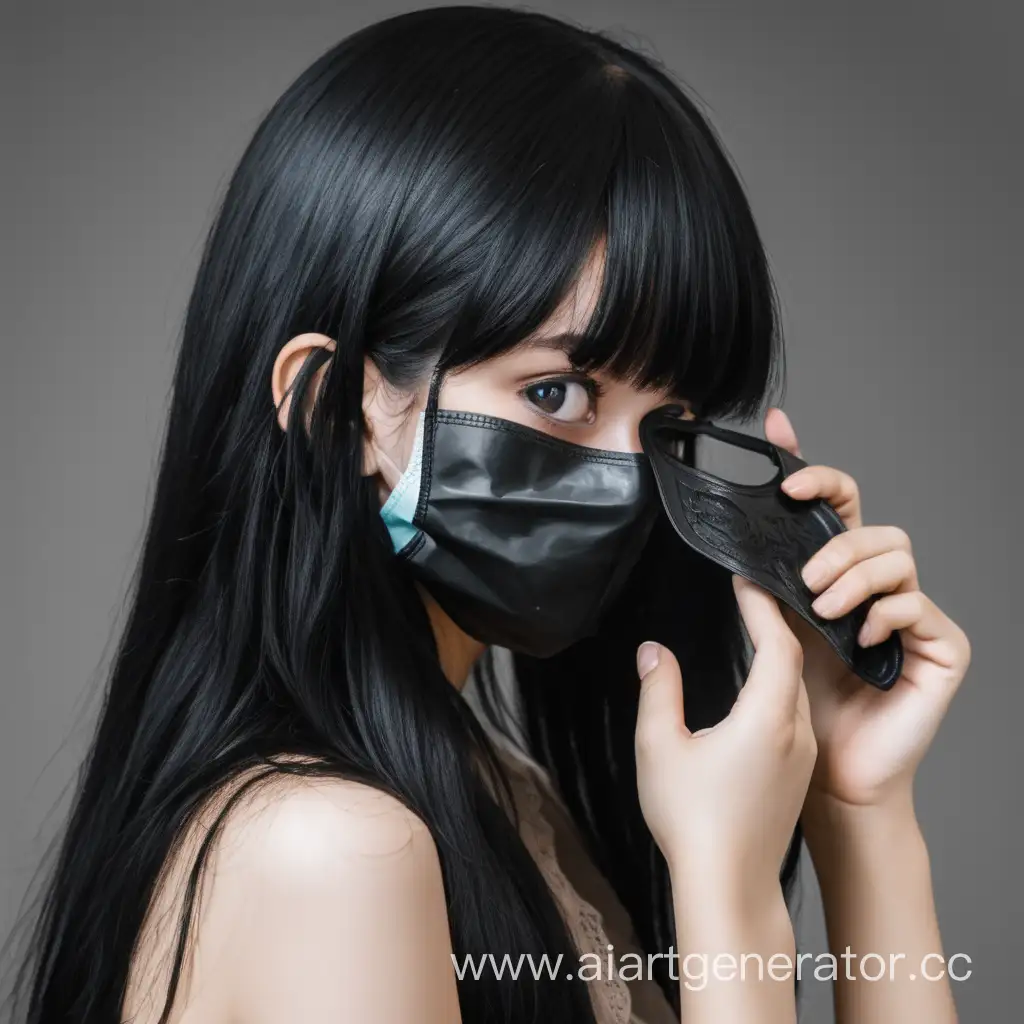 Девушка снимает с лица медицинскую маску черного цвета. Волосы длинные черные.