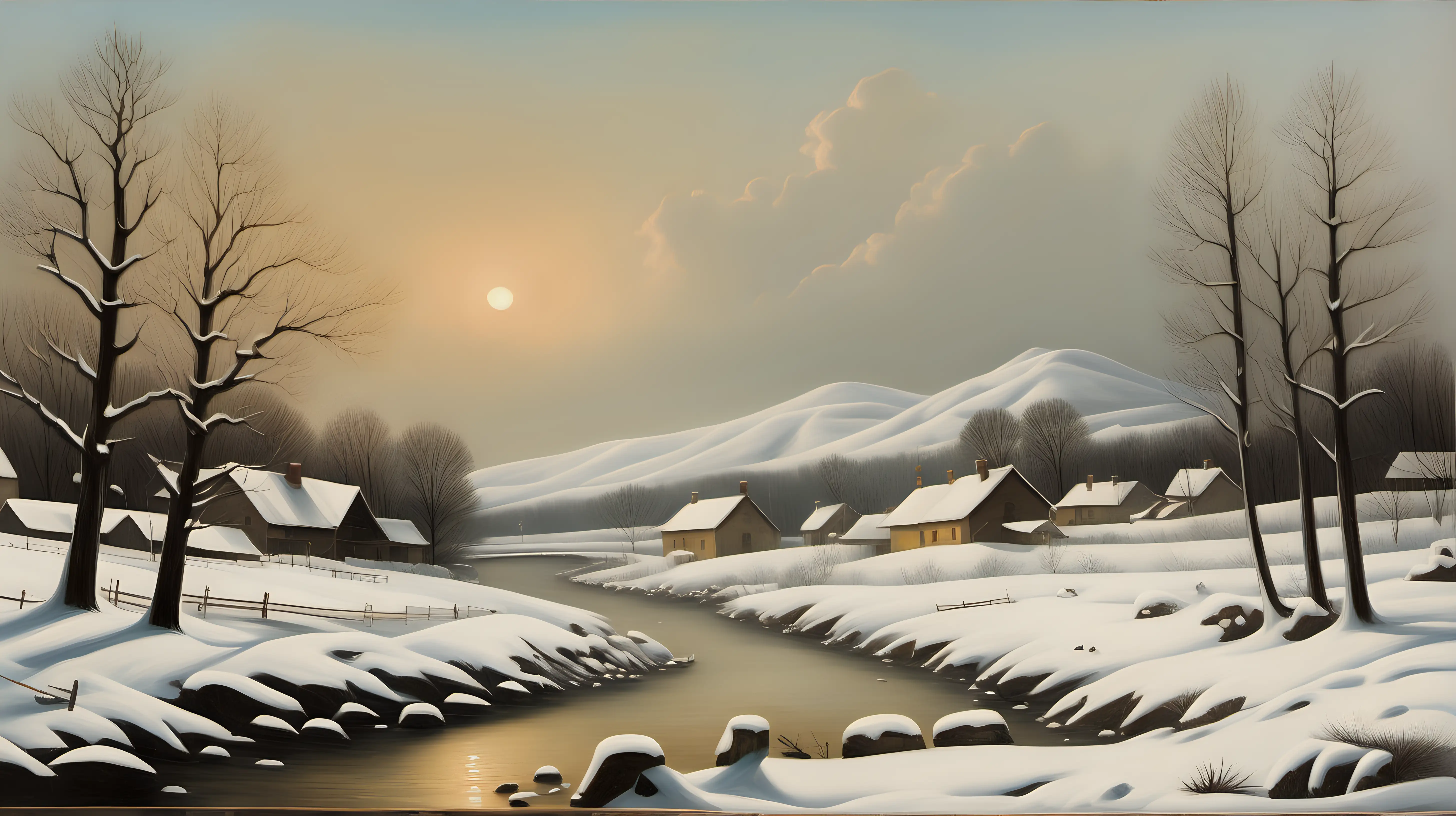 Photograph depicting an oil painting of winter landscape --ar 16:9 --style raw 