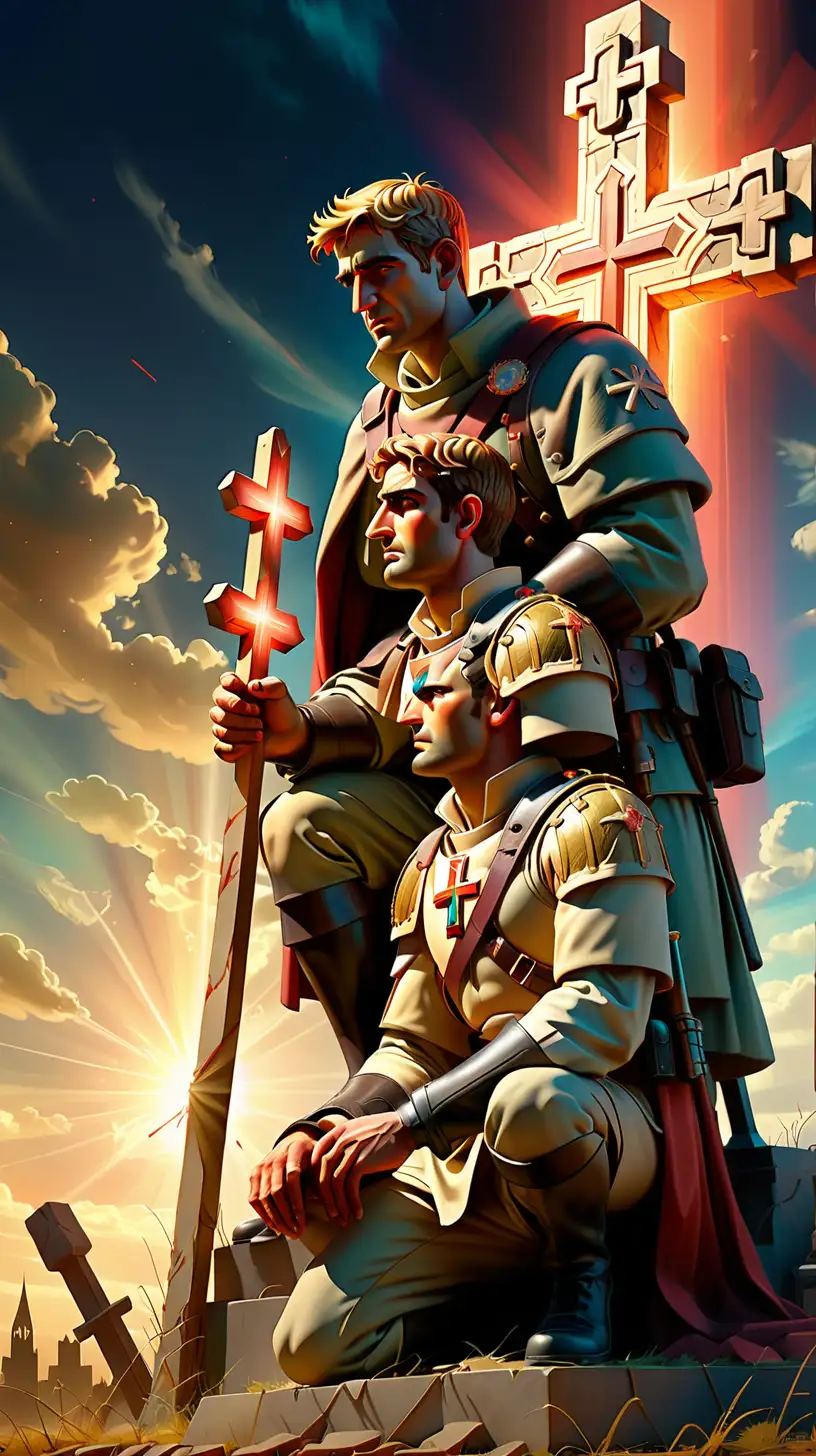 Beautiful, colourful, detailed, intricate, massive, powerful, cinematic picture of Portrait of Constantine & A soldier kneeling before a glowing cross in the sky
