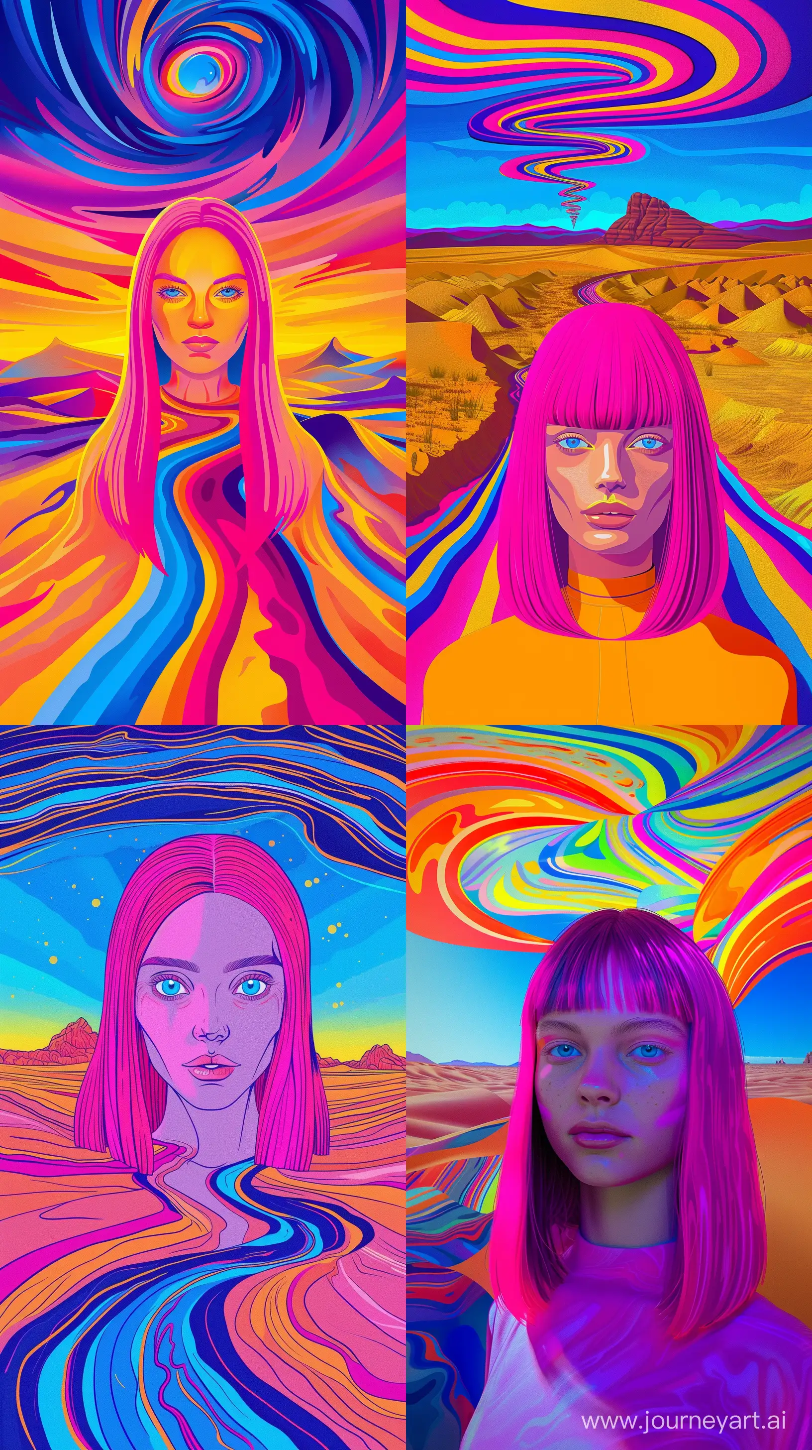 Hyperintense colorblast the complexity and interconnectedness of the Desert after Rain,Morning,Golden hour, with a supermodel girl, neon fuchsia straight shoulder length hair, blue eyes, symmetrical face, vibrant and swirling lines representing the landscape. The colors used are bold and saturated, evoking a sense of energy and vitality. Art Form/Style: Digital illustration with abstract and surreal elements, using bold and contrasting colors to create visual impact. Artist References: Georgia o'keeffe --ar 9:16 --v 6