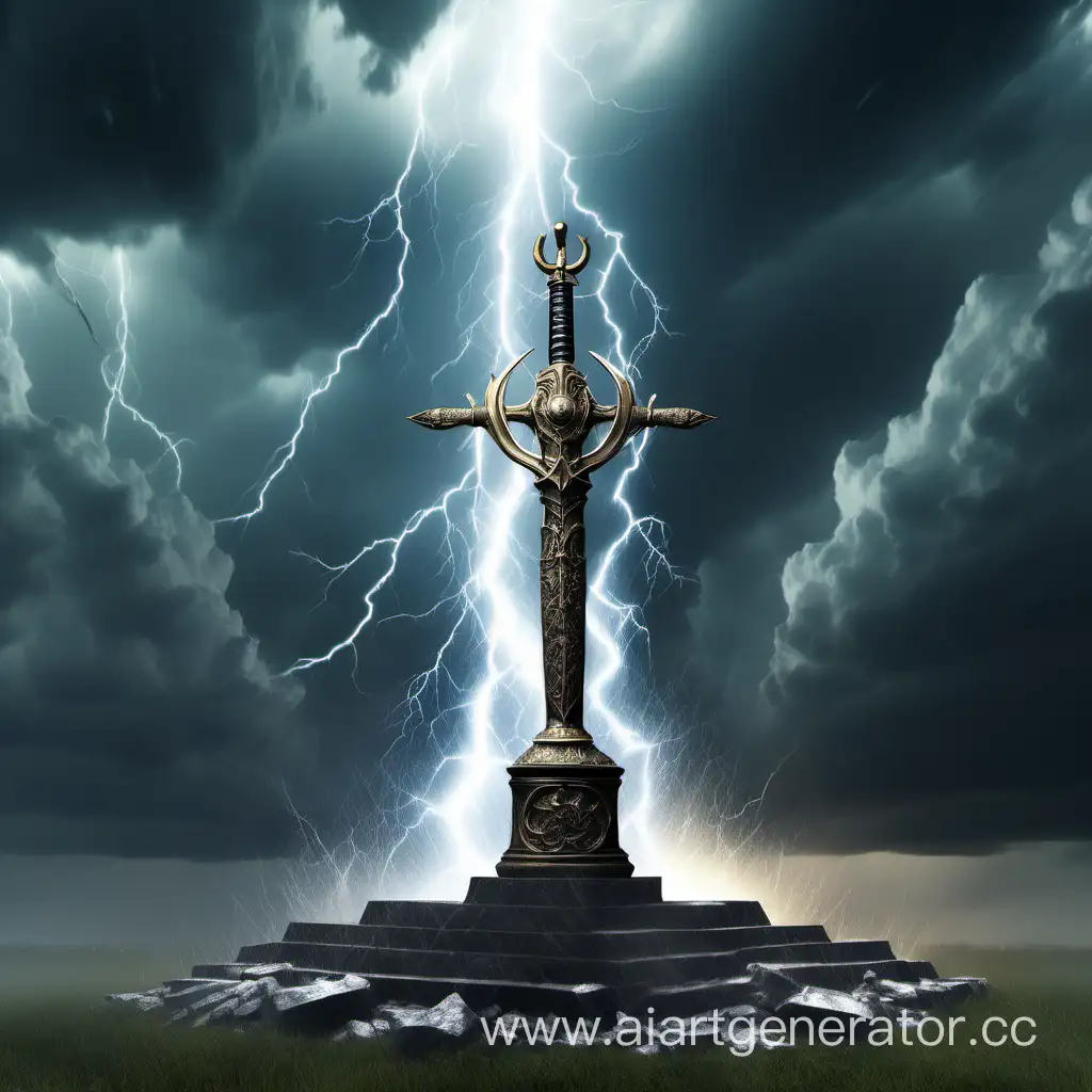 пъедистал, на заднем фоне шторм и молнии, вокруг много воткнутых мечей в землю