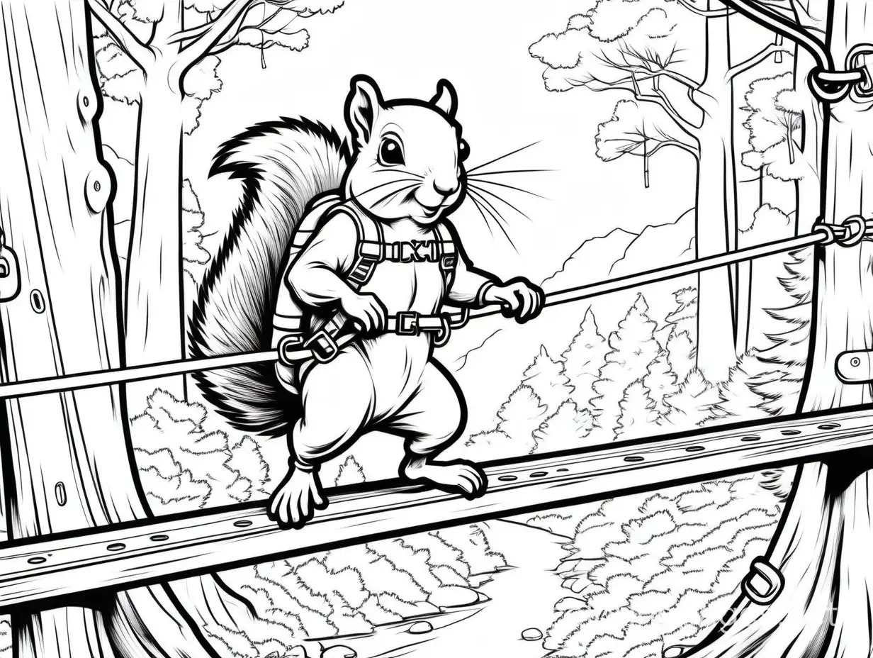 Cartoon-Squirrel-Crossing-High-Ropes-Bridge-on-Forest-Adventure-Course-Coloring-Page