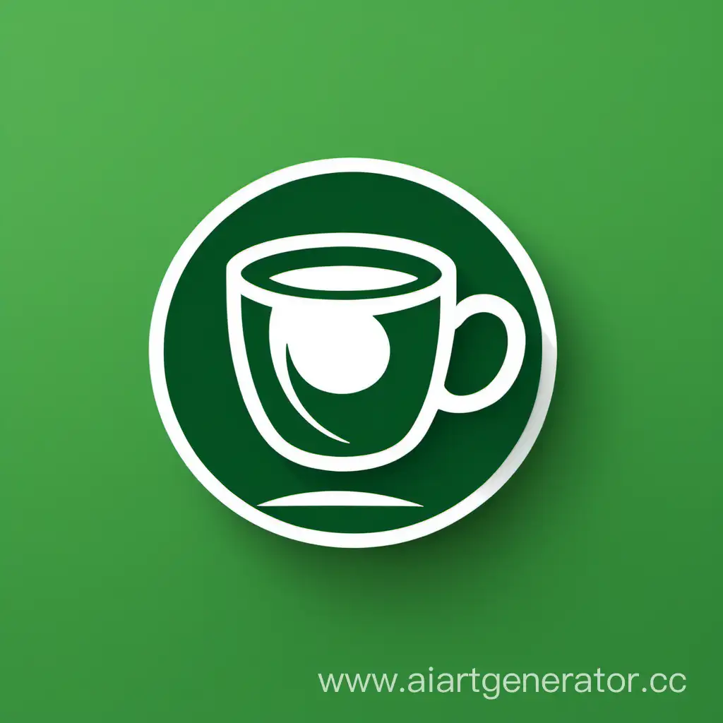 Design of simple logo featuring a coffee cup in white on a green background. Include circle as an additional design element. 2d image