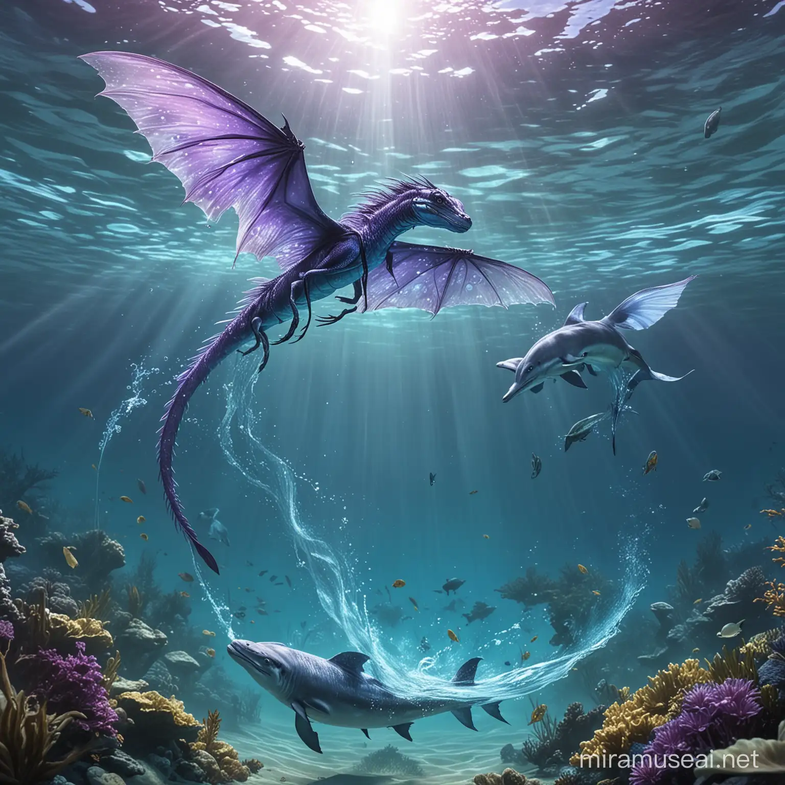 A transparent violet-blue dragon flies out from under the water, followed by a dolphin jumping out of the water after the dragon