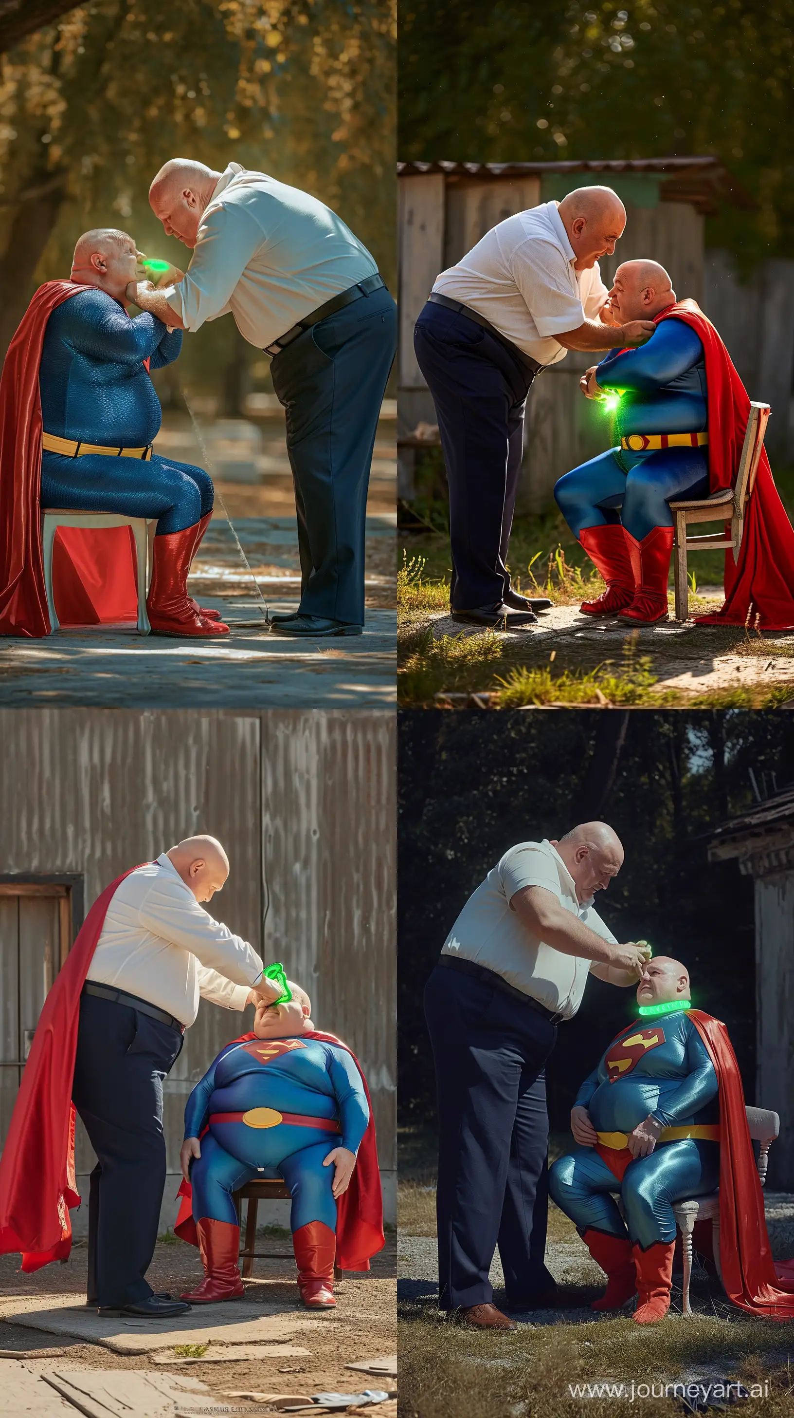 Photo of a chubby man aged 60 wearing navy business pants and a white shirt, bending over and putting a green glowing small short dog collar on the neck of another chubby man aged 60 sitting on a small chair and wearing a silky blue superman costume with a large red cape, red boots, blue shirt, blue pants, yellow belt and red trunks. Outside. Direct Sunlight. Bald. Clean Shaven. --style raw --ar 9:16 --v 6