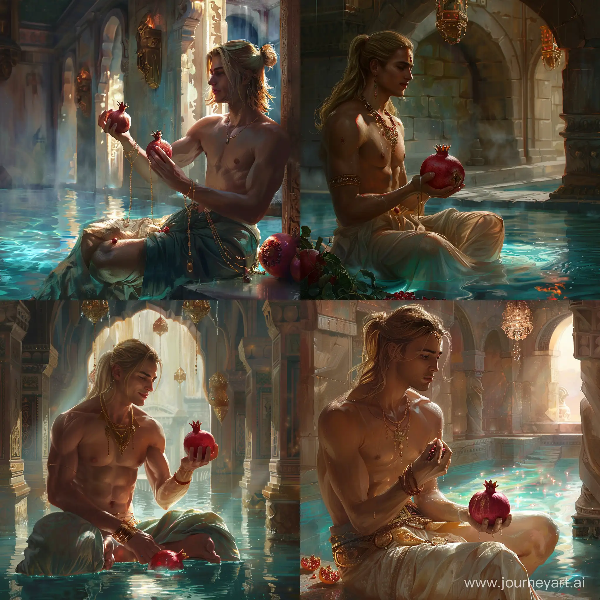 Graceful-Shirtless-Man-Holding-Pomegranate-in-Ancient-Pool-with-Magical-Glow