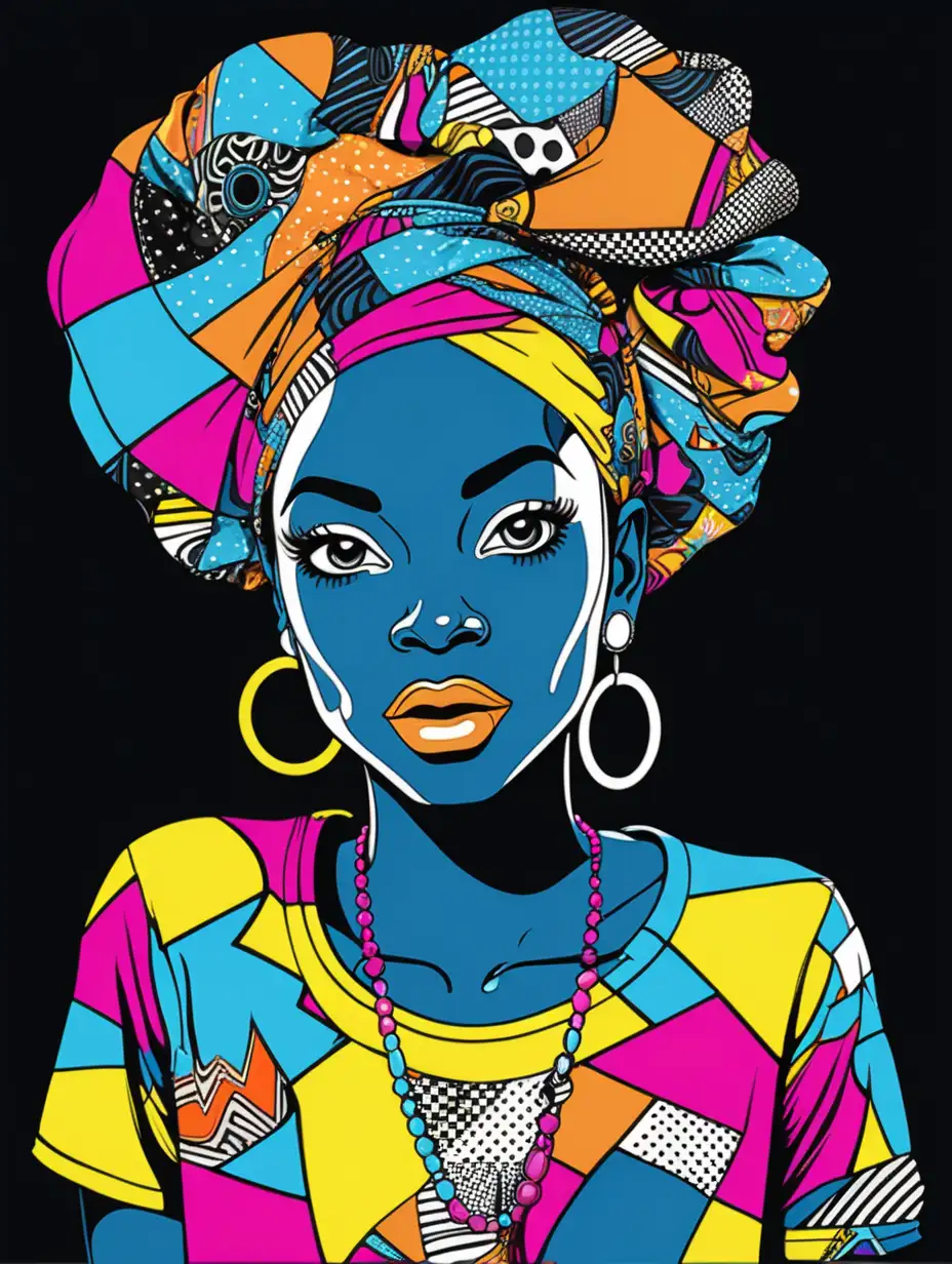 Whimsical Pop Art: Black Woman in whimsical pop art clothing — T-shirt design graphic, vector, contour, black background.