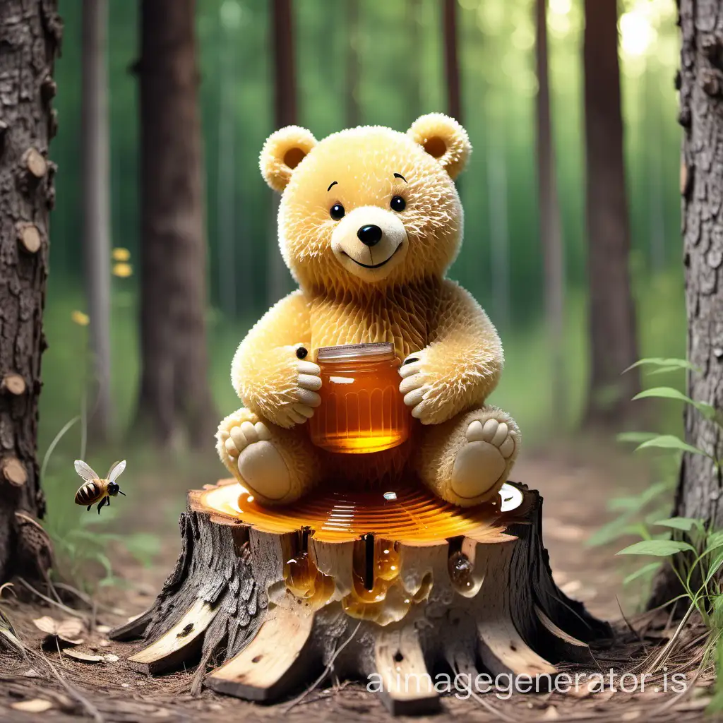 Smiling Bear in the forest and on a stump is honey