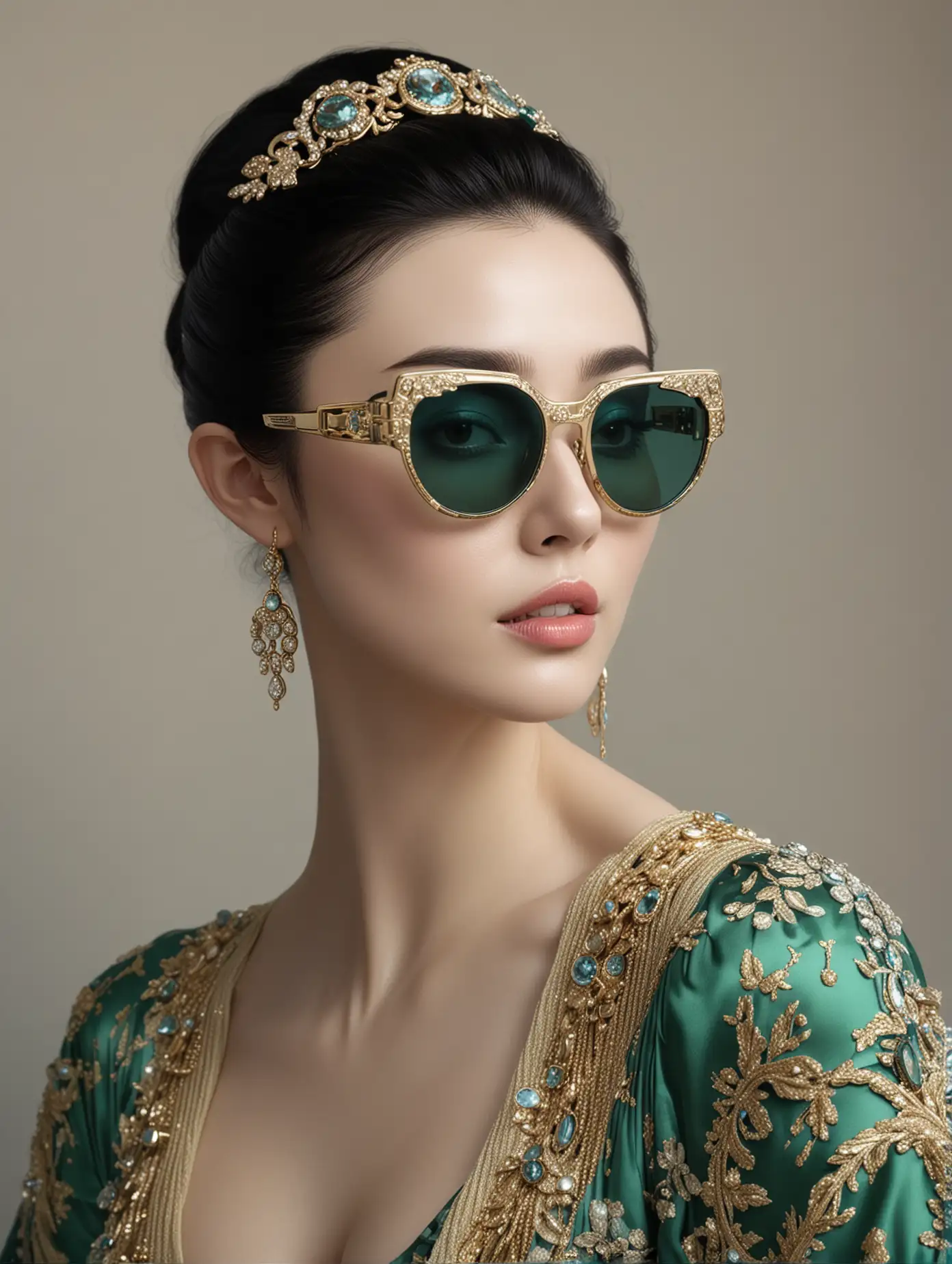 Fan bingbing  High fashion inspired by Gucci, Aurora Australis sunglasses, Wearable tech, a photorealistic painting by Silvia Dimitrova, featured on cg society, neoclassicism, behance hd, studio photography, studio portrait