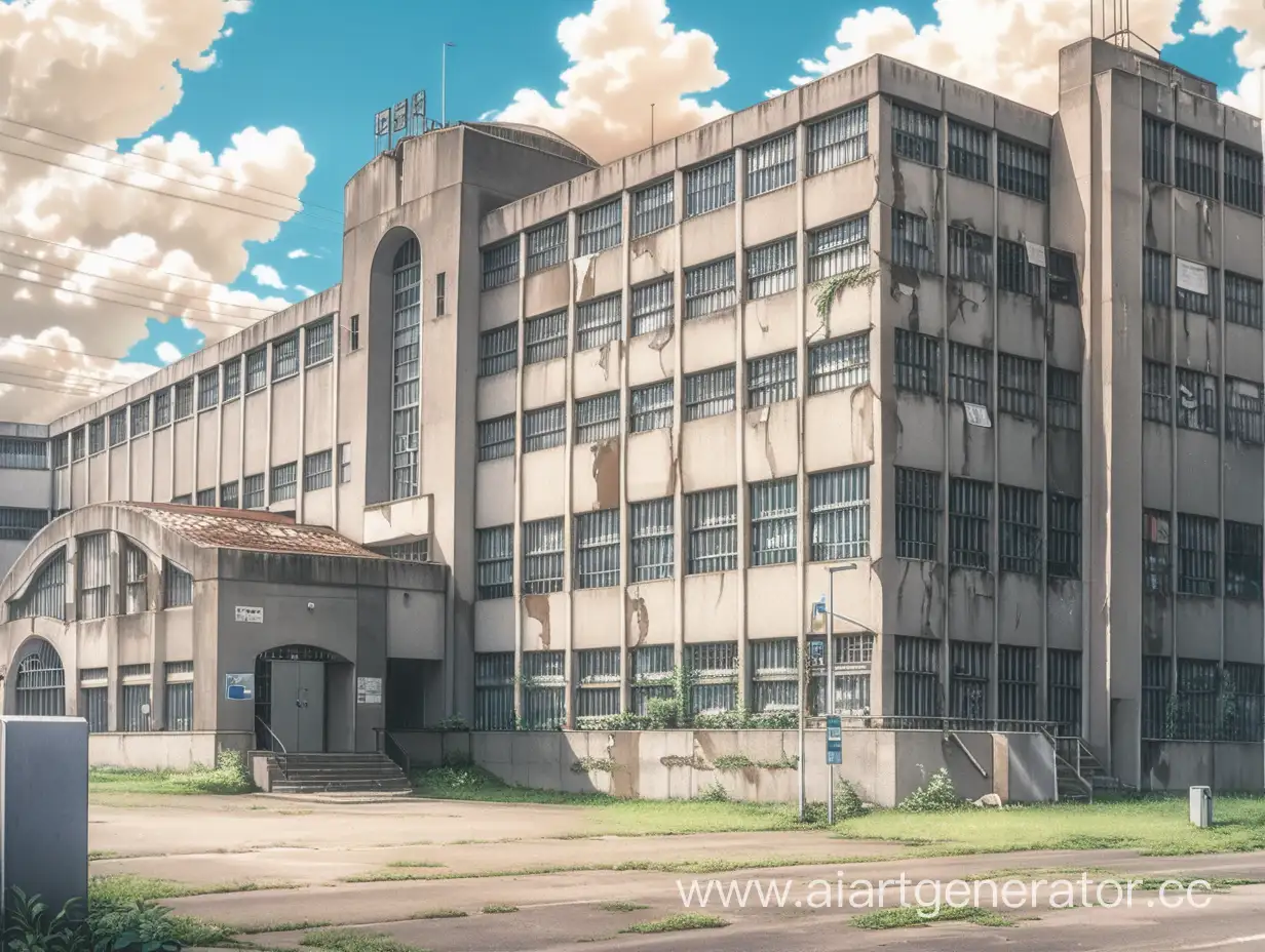 Заброшенное здание архива снаружи города аниме стиль