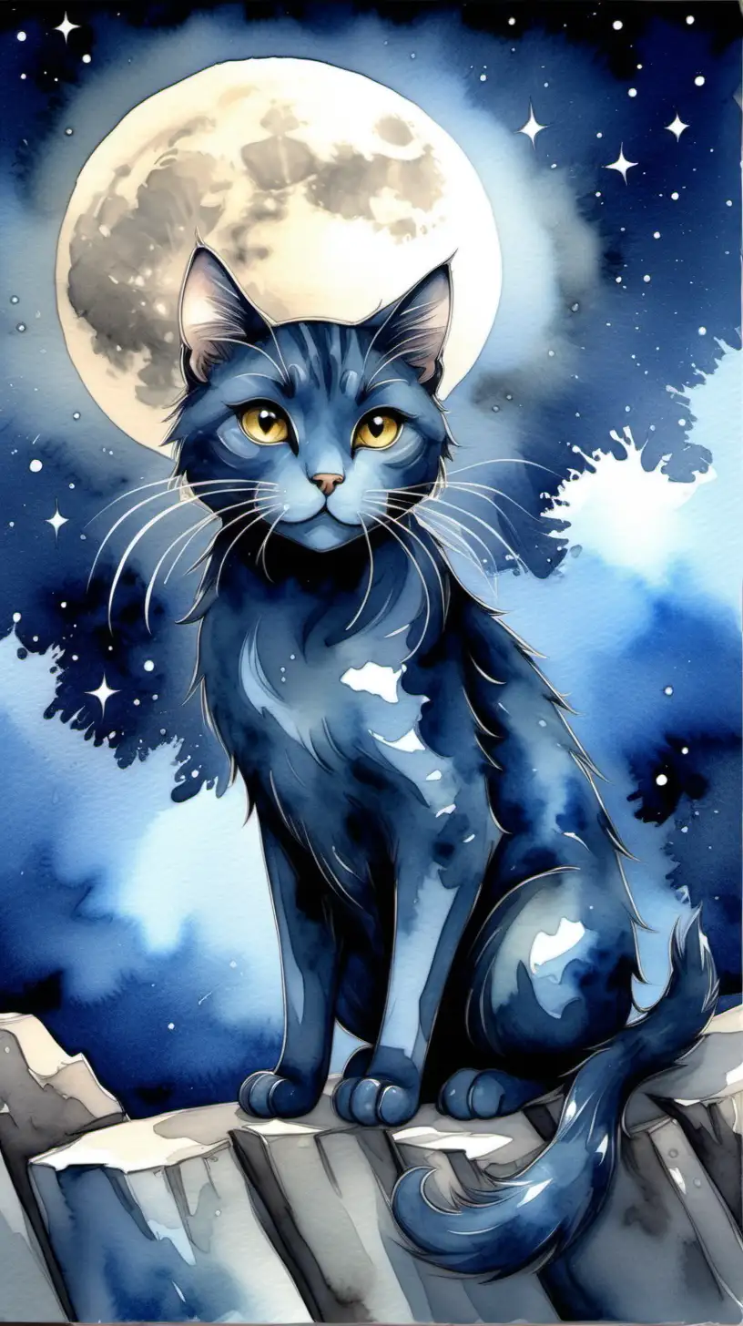  Milo is a sleek and agile cat with a glossy coat that shimmers under the moonlight. He should have expressive, curious eyes that reflect his adventurous spirit. His fur could be a deep shade of blue or gray, symbolizing the night sky, he is gazing at the moon. watercolor style