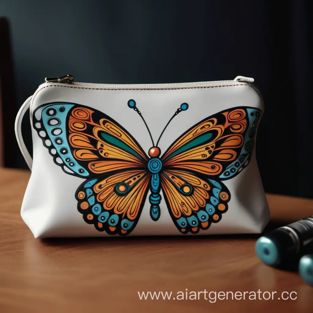 Нарисуй прикольный арт на маленькой женской сумке в стиле бабочки. 
Сумка стоит на столе в студии. 