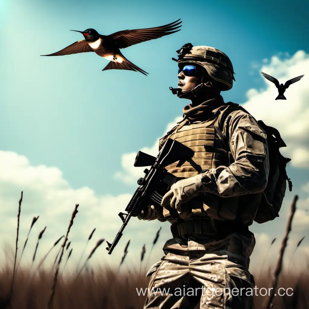 Военный с ружьем на фоне мирного синего неба где летаю ласточки