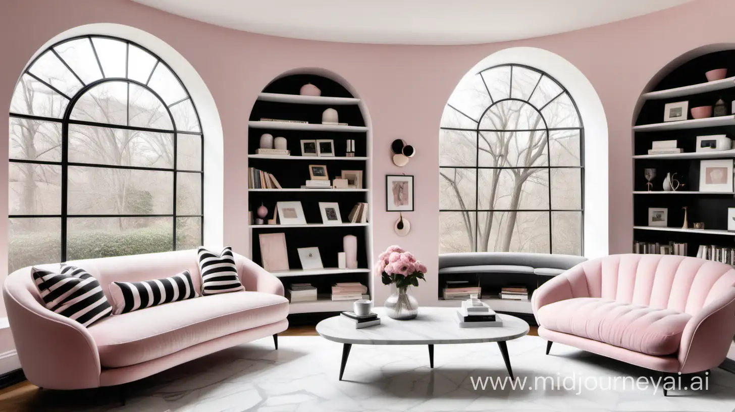 Modern living room, clean, no clutter, with high arched windows. Furniture should include, curved soft pink modern sofa with mid century legs with black and white striped large bow cushions, boucle rounded modern lounge chair, midcentury modern white carrera marble coffee table, tall floating high arched bookshelf with desk