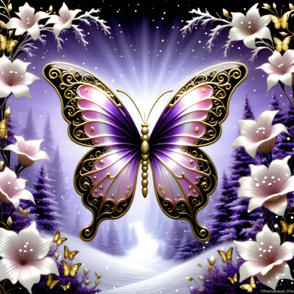 Glowing Butterfly and Snow Drop Flowers on Neon Mother of Pearl Background