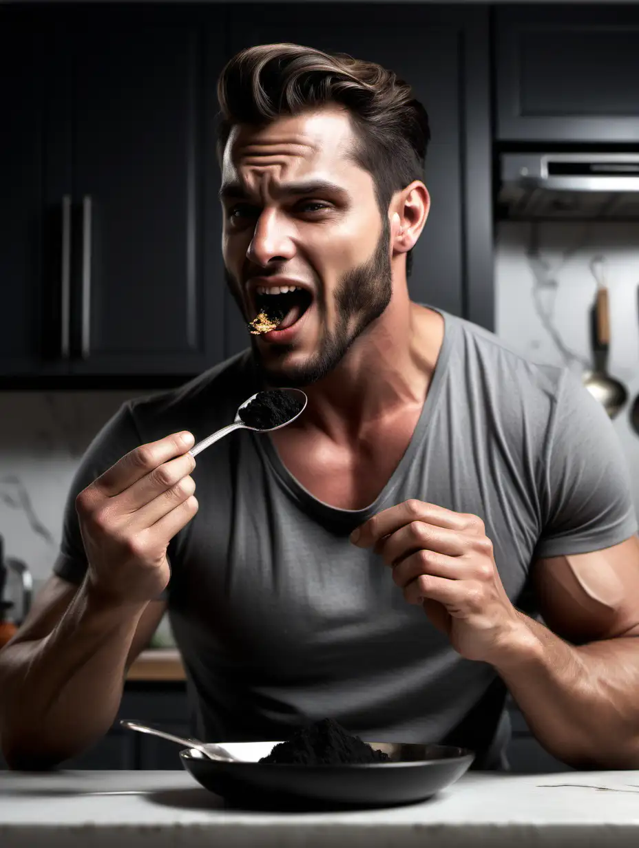 A hyper realistic photo of a attractive man sitting down about to eat a spoon full of shilajit in a kitchen background 