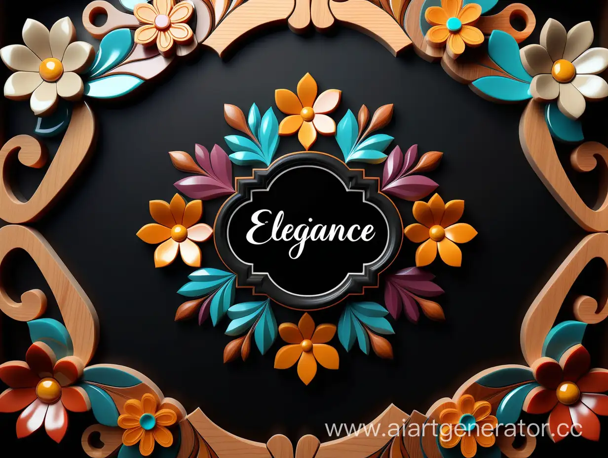 Unique Logo pattern Design for "Elegance" - Colored epoxy resins and wood shavings in the shape of flowers, in the center a beautifully ornate phrase "Elegance", black background, high-quality image