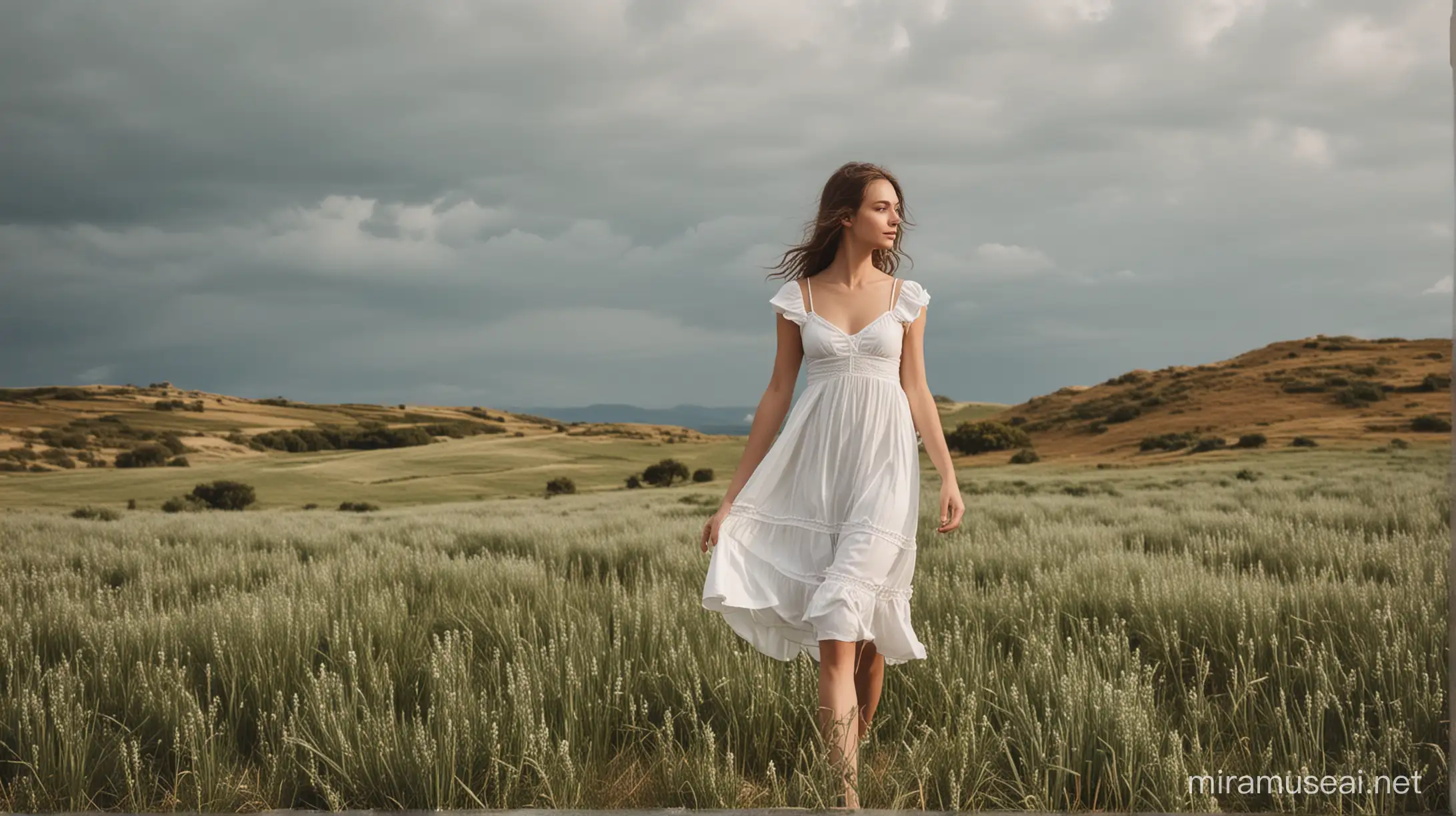 Serene Girl in White Dress amidst Scenic Landscape