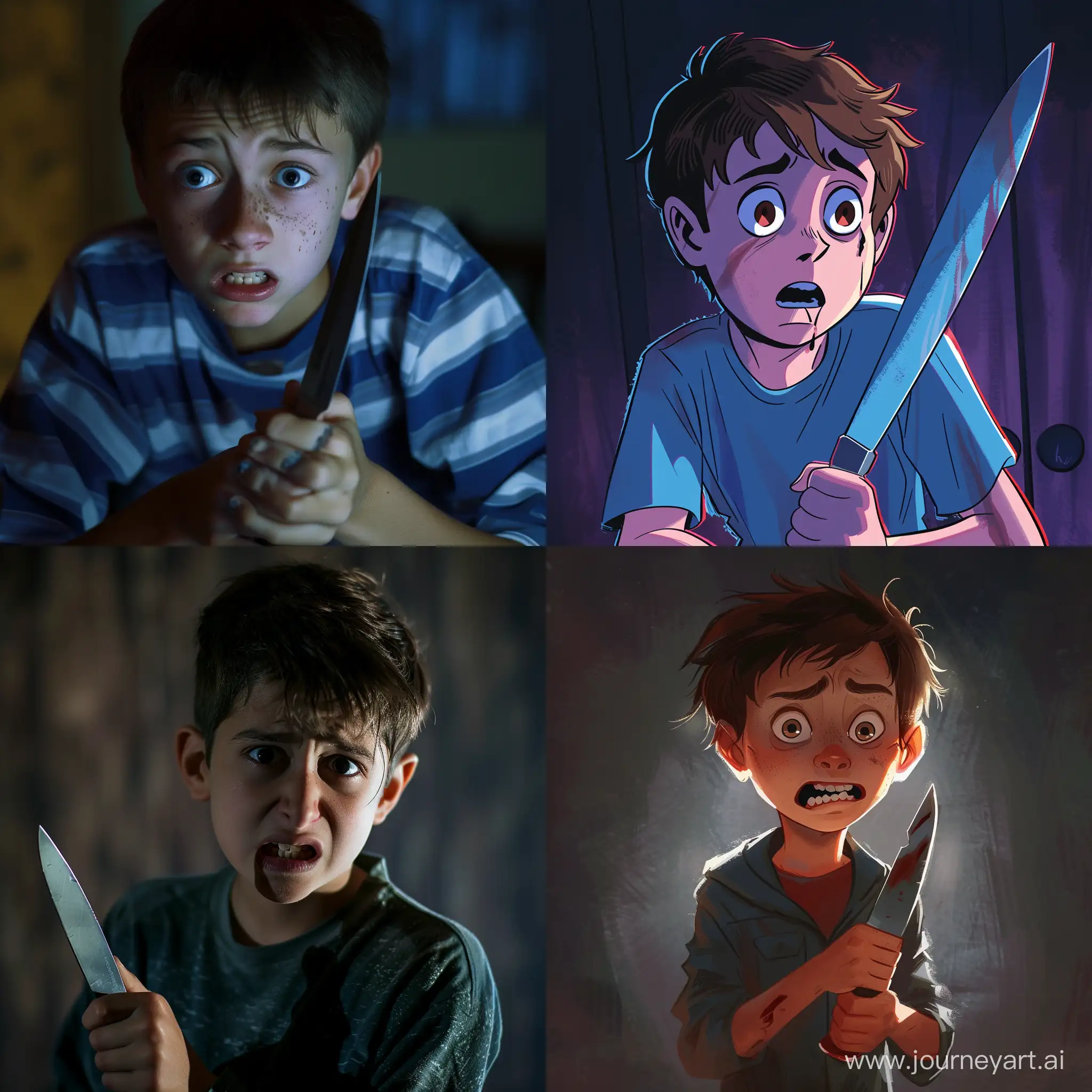 a teenag boy, holding a knife, looking scared
