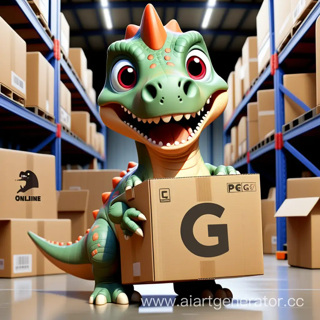 Маленький мульт динозаврик держит коробку с логотипом онлайн магазина G Product на складе с товарами