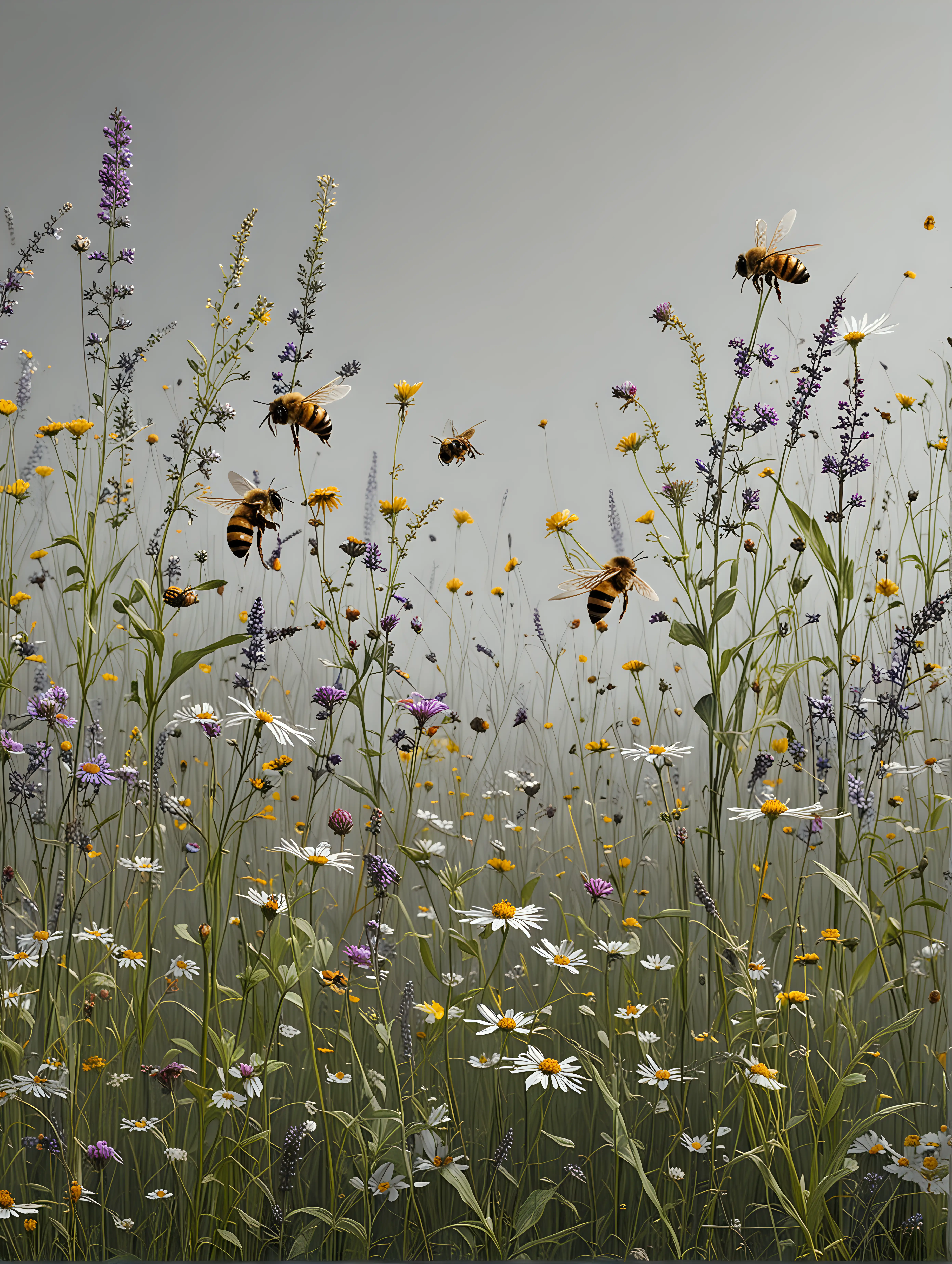 Bees Pollinating Meadow Wildflowers on Neutral Gray Background