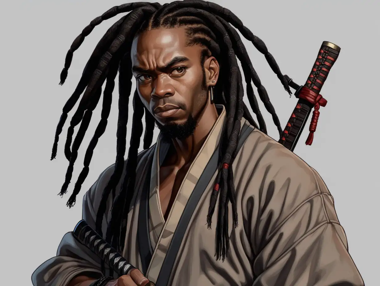 black man with dreadlocks holding a katana

