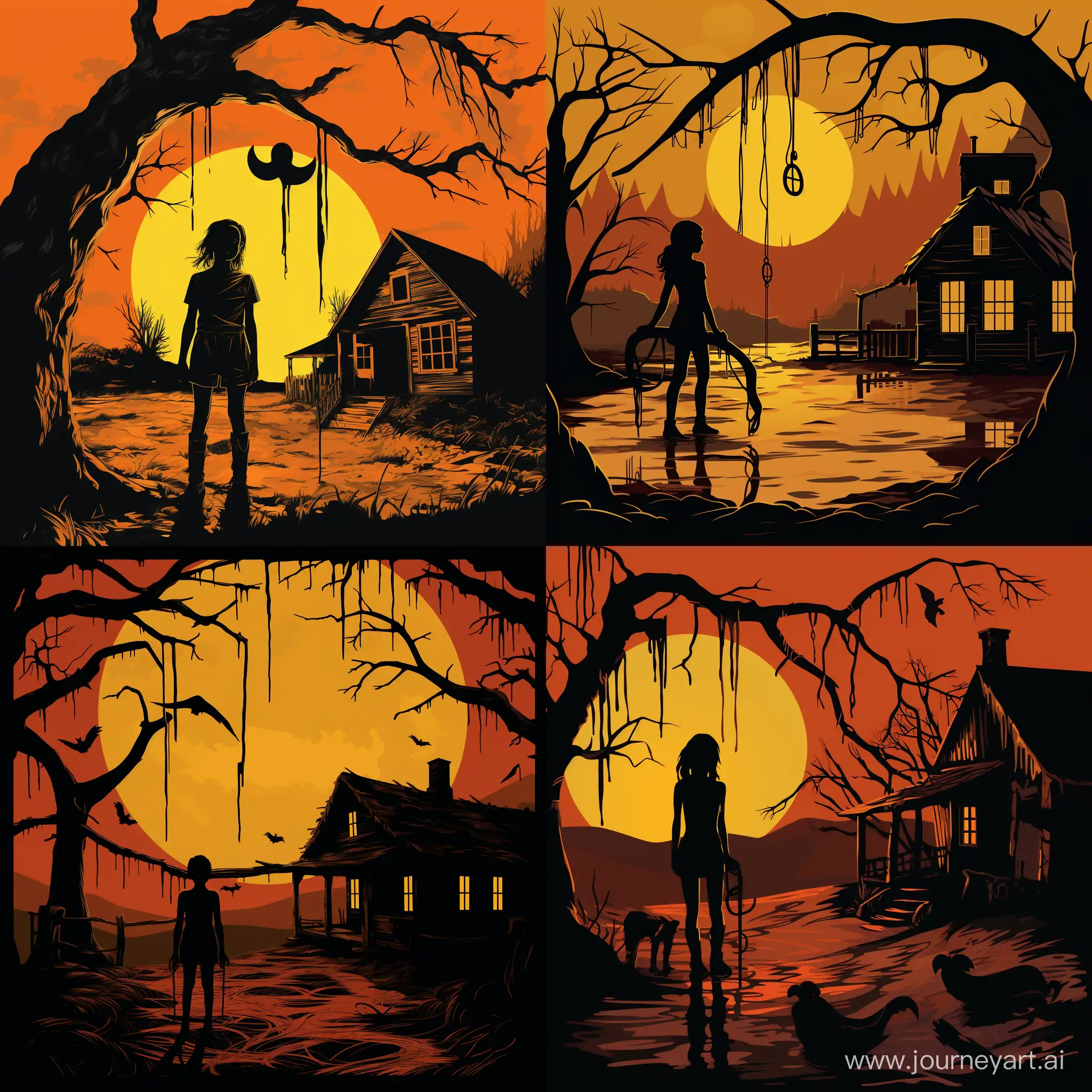 In the spooky night, a girl stands, gripping animal bones. Behind her, a haunted farmhouse looms, its eerie silhouette against a dark yellow sky. A tree with a tire swing adds a haunting touch to the background. The scene is bathed in dark amber hues, creating a mysterious and sublime atmosphere. The style draws inspiration from pop culture references, incorporating elements of "McDonaldpunk" and journalistic cartoons. The girl's face is concealed in a dark shadow, adding to the enigma. Animals lurk around her, adding intricate details to this haunting and high-definition tableau