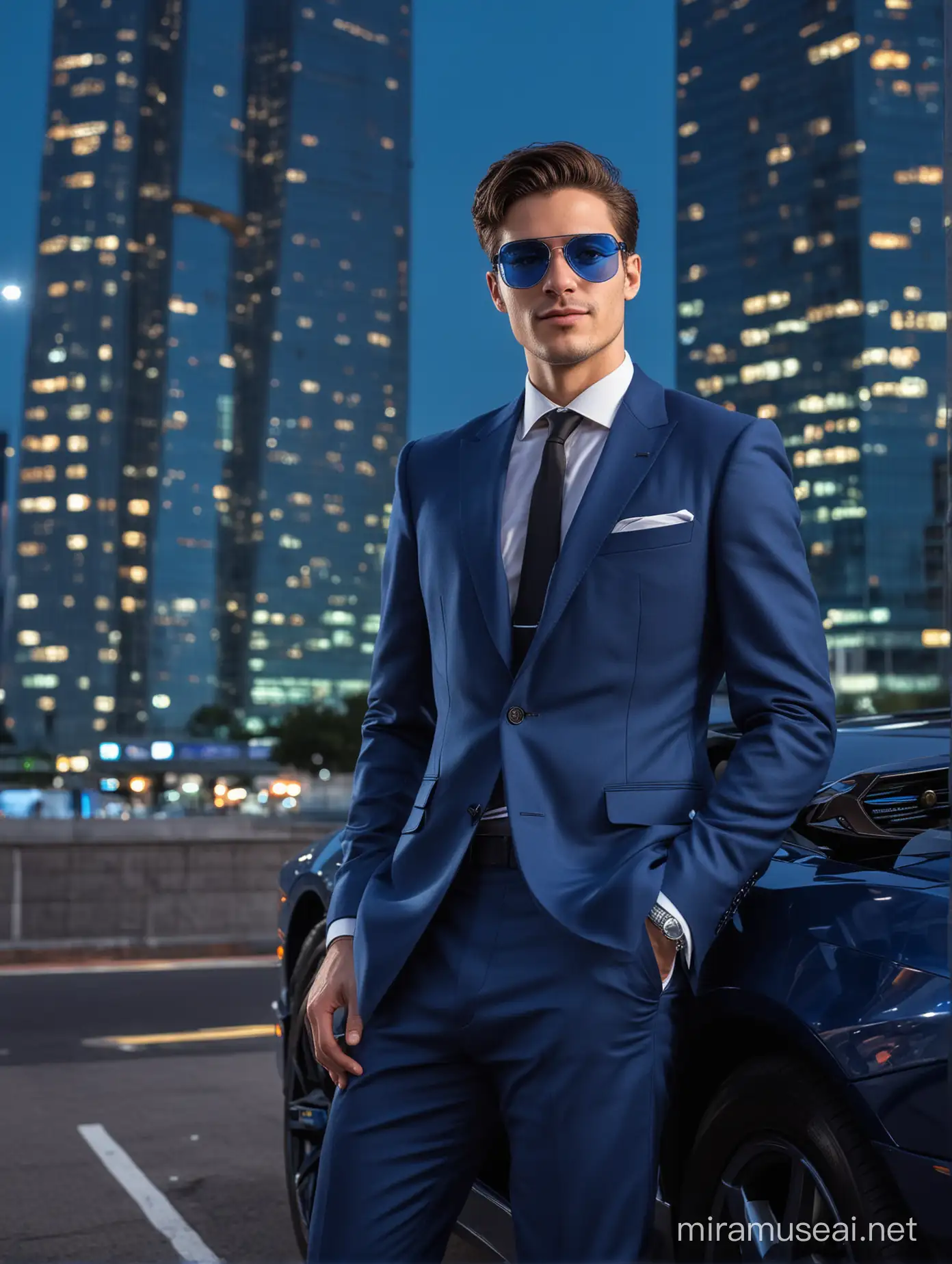 A handsome young man in a cool navy blue suit and eye shades, smirking out while leaning against a Lamborghini, with blue luminous skyscrapers glowing behind him