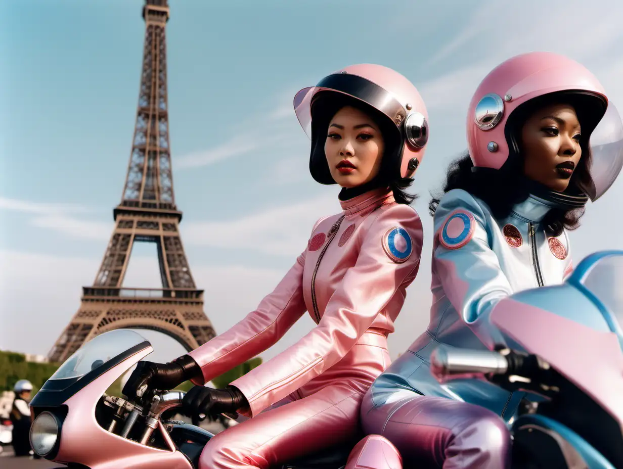 a chinese woman model and a black woman model looking focused speeding on motorcycles past eiffel tower, wearing retro classy space helmets and space suits with orchid logo, dreamy light blue and pink, soft light, vintage fujifilm 35mm
