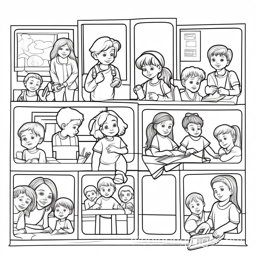 youth support service called The Base , Coloring Page, black and white, line art, white background, Simplicity, Ample White Space. The background of the coloring page is plain white to make it easy for young children to color within the lines. The outlines of all the subjects are easy to distinguish, making it simple for kids to color without too much difficulty