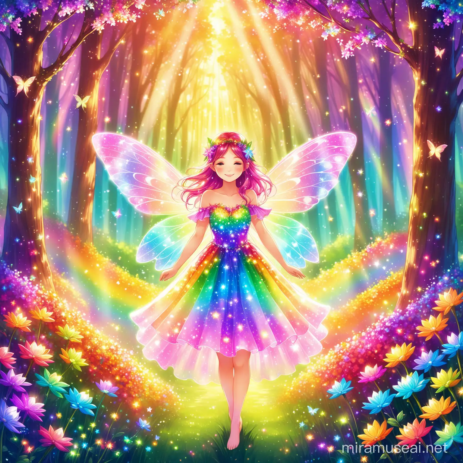 fairy girl with flowers in the colors of the rainbow. In a fairy forest. Sparkling light