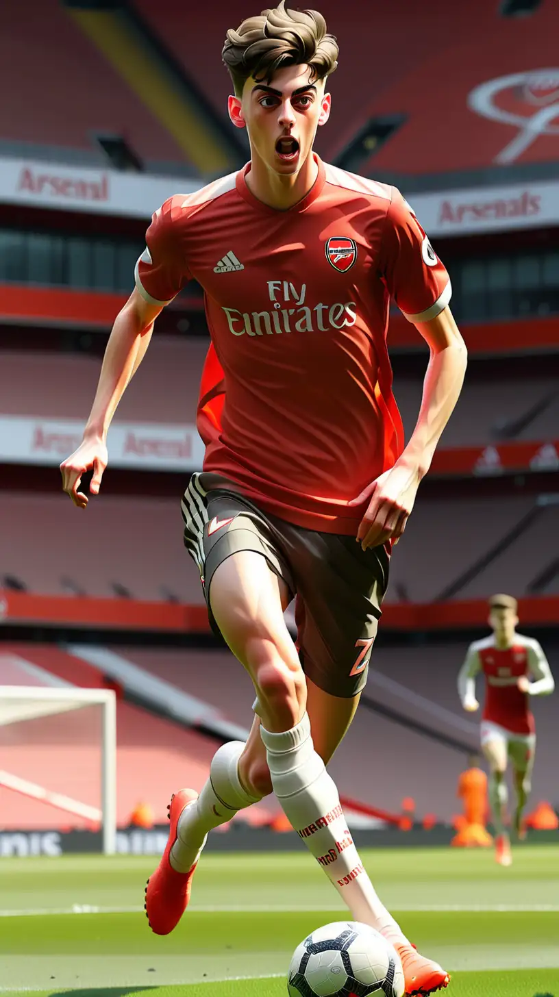 Draw a picture of Kai Havertz running and dribbling the ball in arsenal shirt



