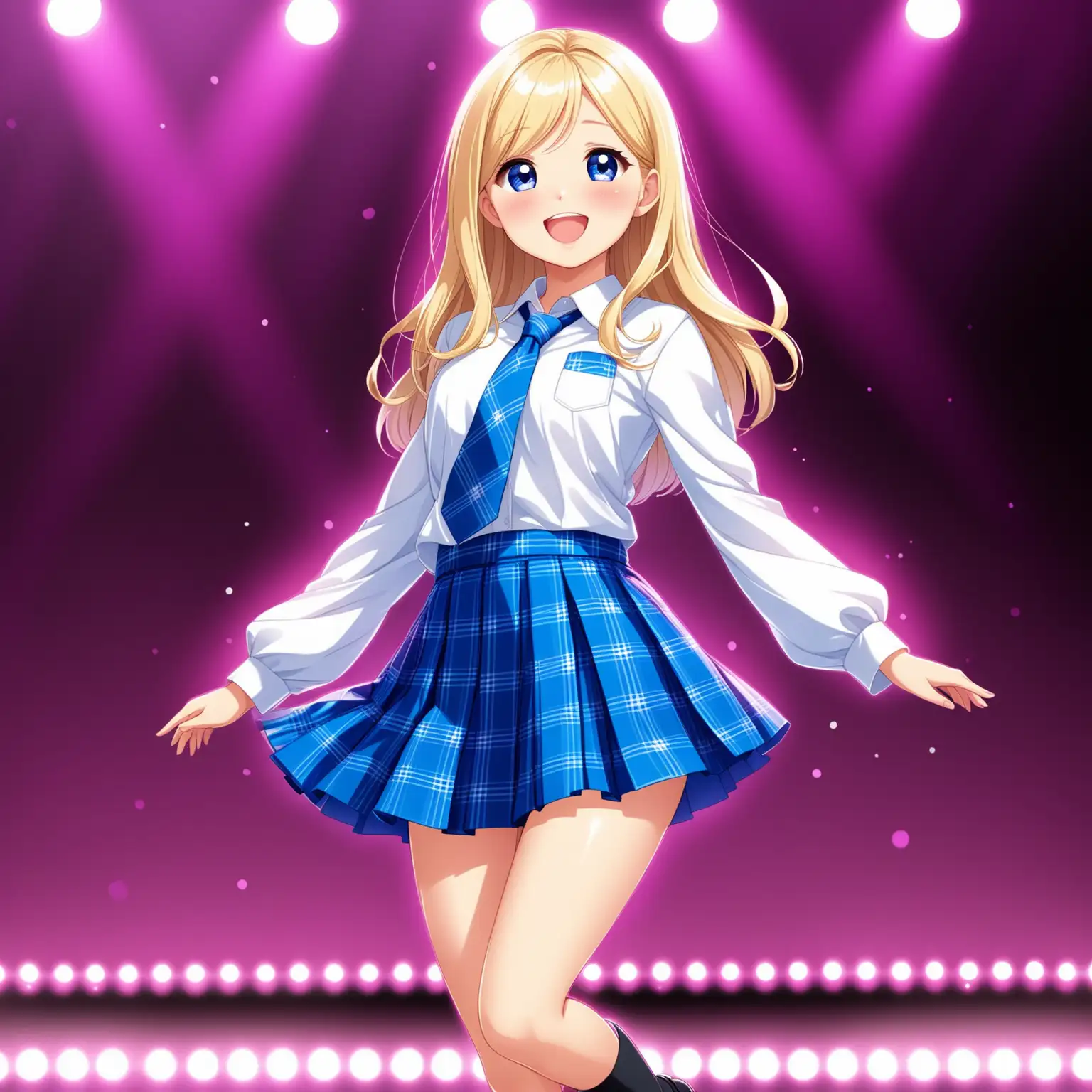 Vue dynamique de face, idole  japonaise sur scène Chelsea 12 ans 1,40 from Barbie blonde seins bonnet B, regarde tendre expression de bonheur, chemise blanche polyester manches longues et cravate bleu et micro jupe plissée bleu roy à carreaux bleu foncé et moccasins noir chante 