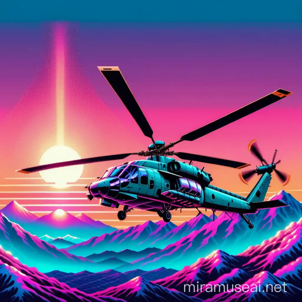 Vaporwave style. Military helicopter with missiles under wings. Mountain in the background with a sundown. Pink and blue colors.