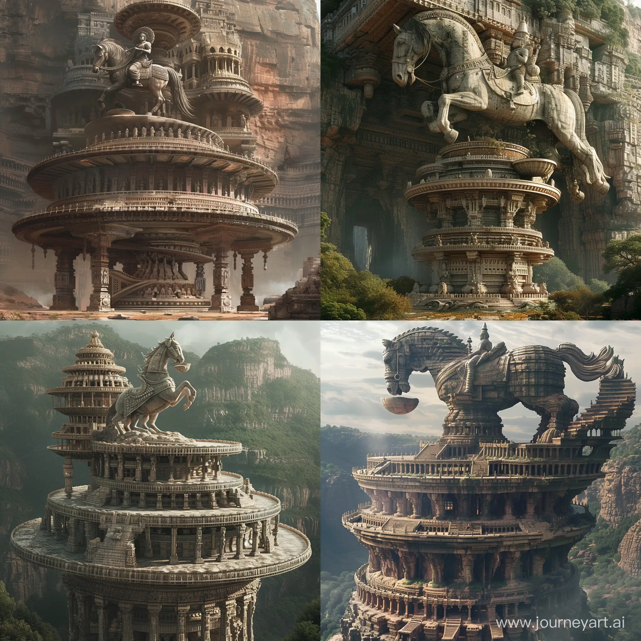 Majestic-Mountain-Temple-Unique-Horseman-Statue-and-Circular-Platforms