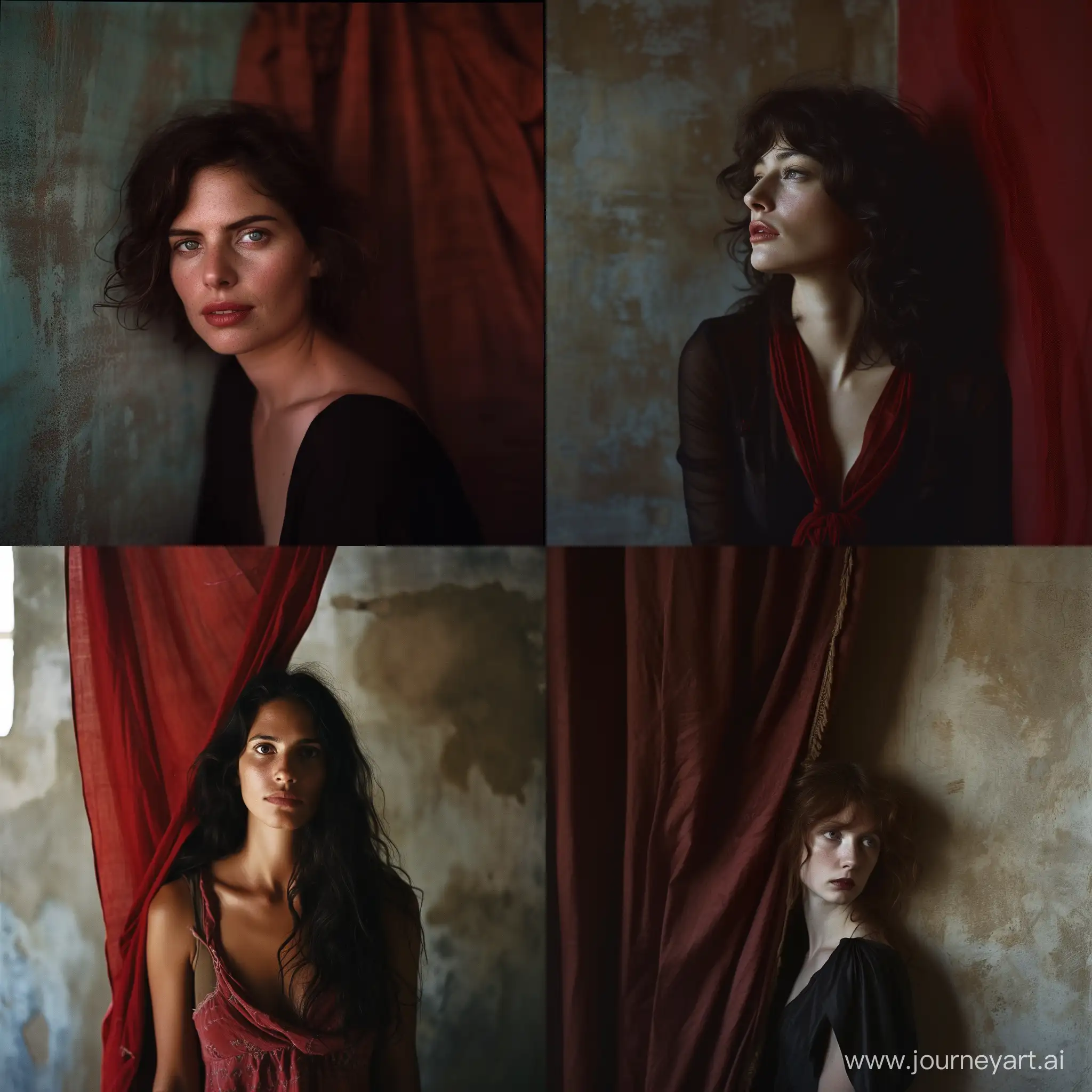 High key photographic portrait of a 40 years old, Italian woman, vivid eye contact, wavy hair, standing against an earth-colored wall with a red drape hanging from the ceiling, a soft diffused light comes from the right, shot with Kodak Portra 160::2 in the style of Peter Lindbergh::3
