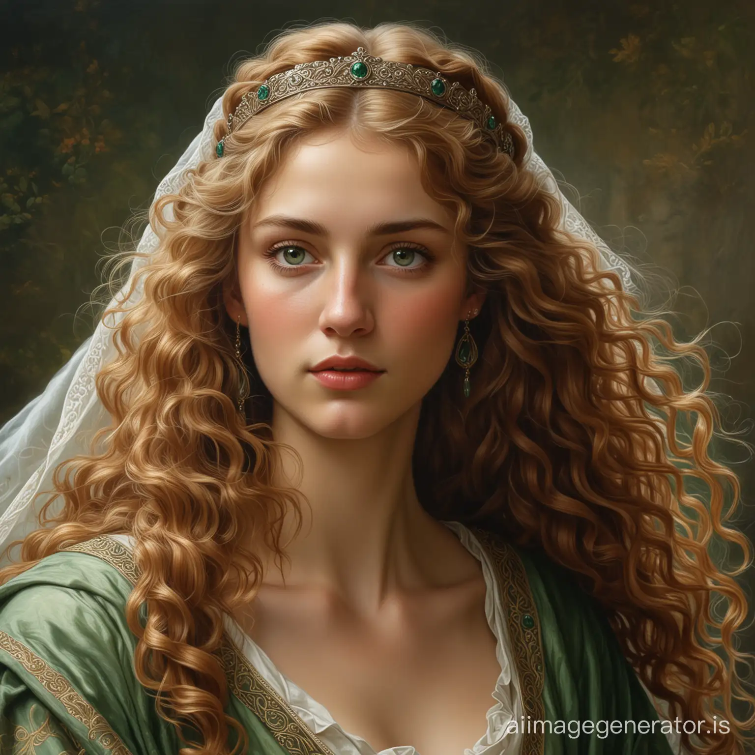  Ultra realistic oil on canvas of a  princess wearing a noble roman she has fair skin with a cool undertone and light brown voluminous curly long hair she is tunic she looking slightly upwards she wears a veil around her hair she wears  she has green dreamy eyes do not add makeup use pre raphaelite techniques 